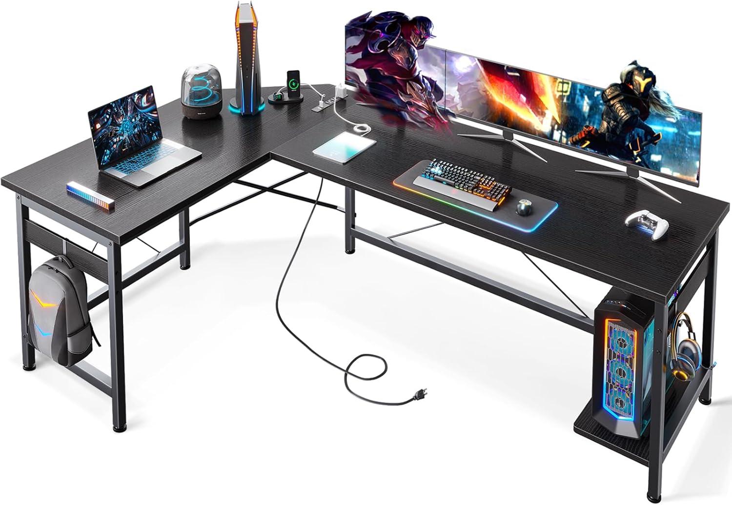 Black 59-Inch L-Shaped Gaming Desk with Power Outlet and USB Ports