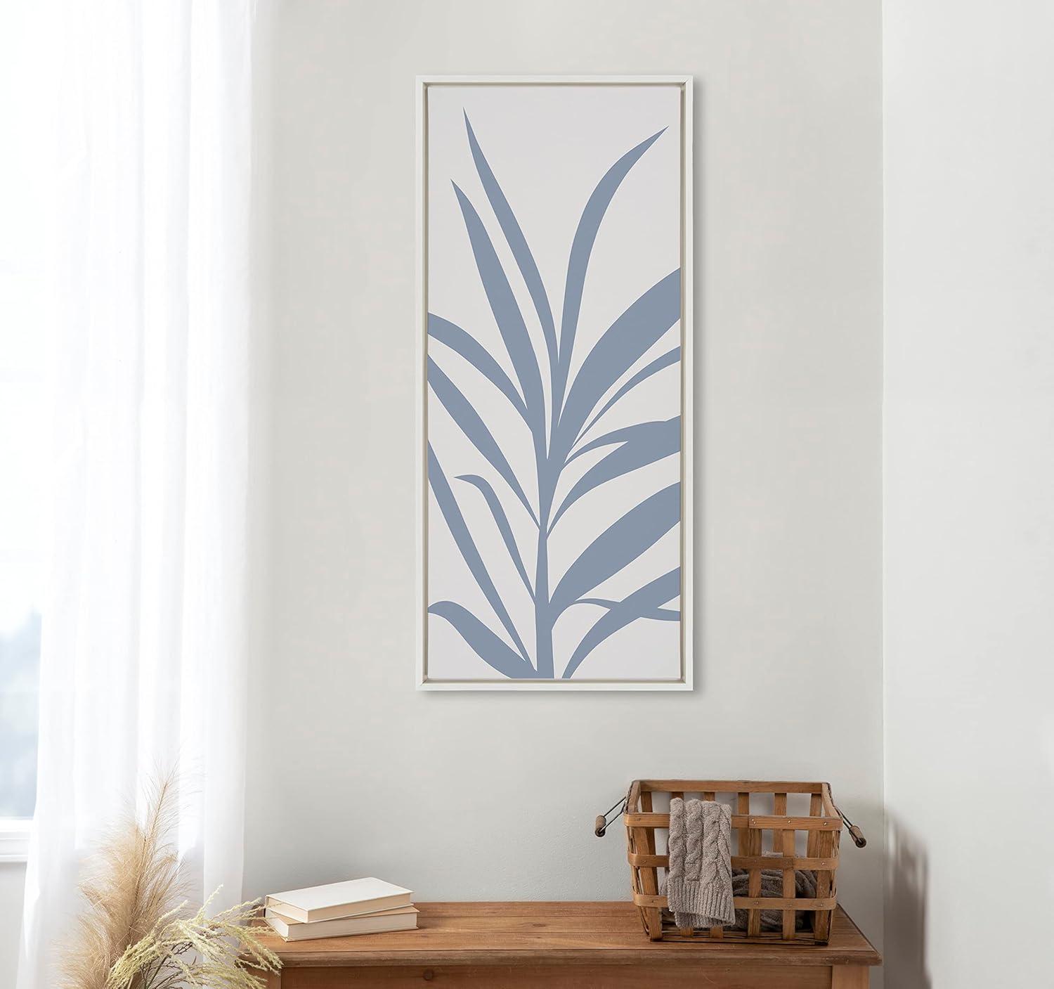 Kate and Laurel Sylvie Mid Century Retro Jungle Botanical Light Blue Framed Canvas Wall Art by The Creative Bunch Studio, 18x40 White, Minimalist Plant Leaf Art for Wall