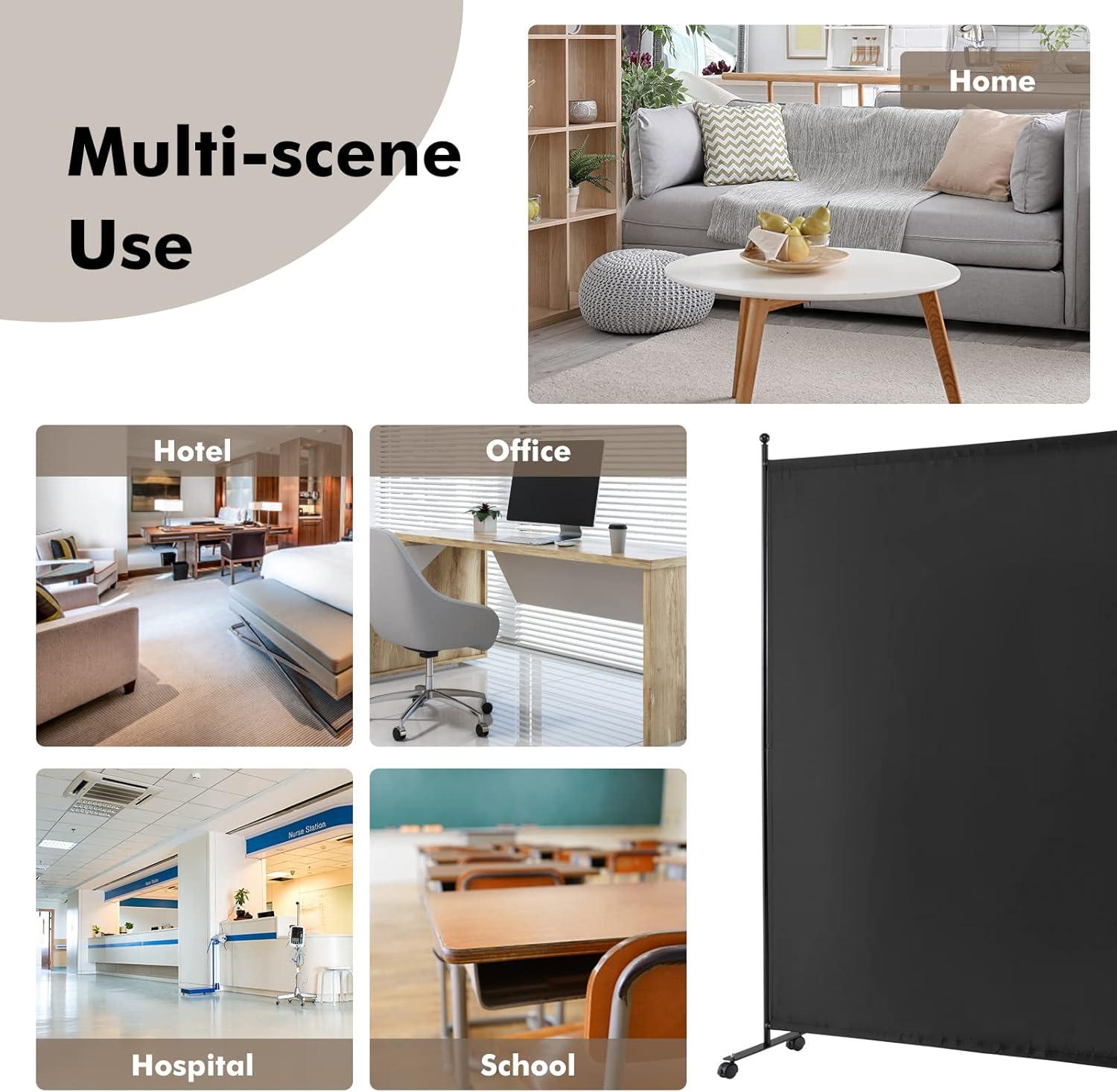 Costway 6-Panel Folding Room Divider 6FT Rolling Privacy Screen with Lockable Wheels Black