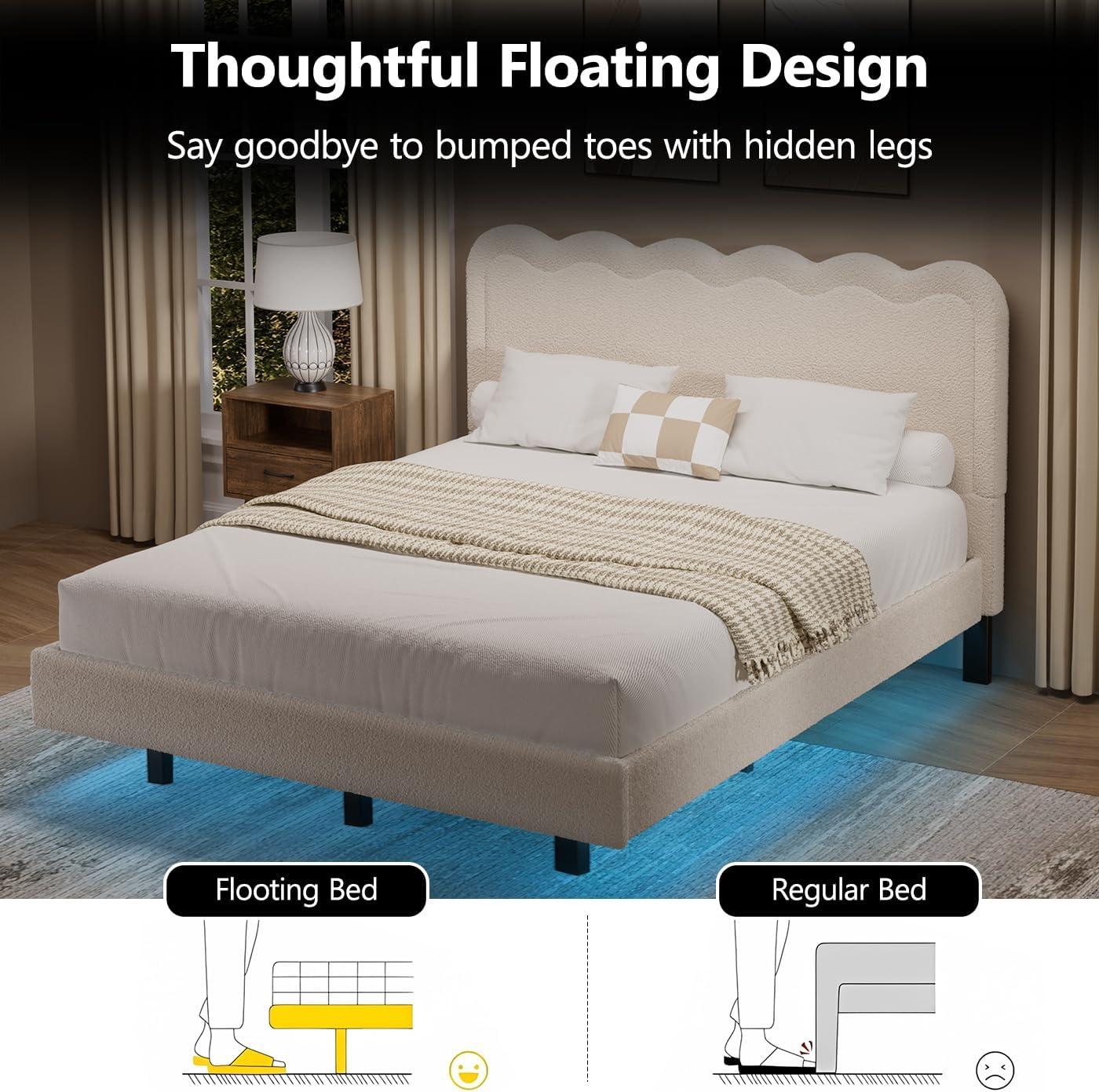 Queen Size Boucle Bed Frame, Upholstered Cloud Bed Frame with Adjustable Headboard, Soft Rounded Corners, No Box Spring Required, Easy Assembly, Black