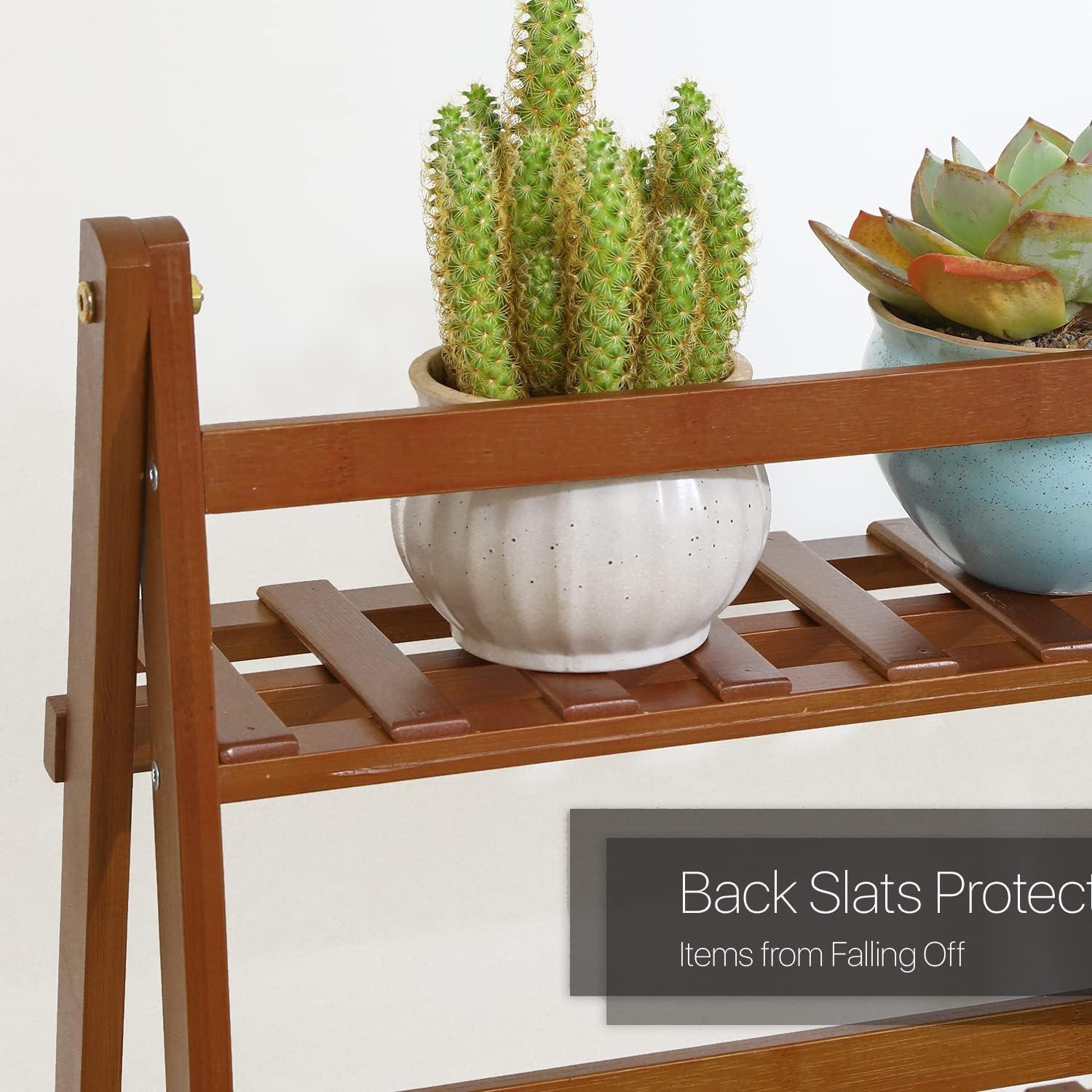 MoNiBloom Bamboo 3 Tier Plant Stand Triangular Flower Pot Holder With Hanging Basket