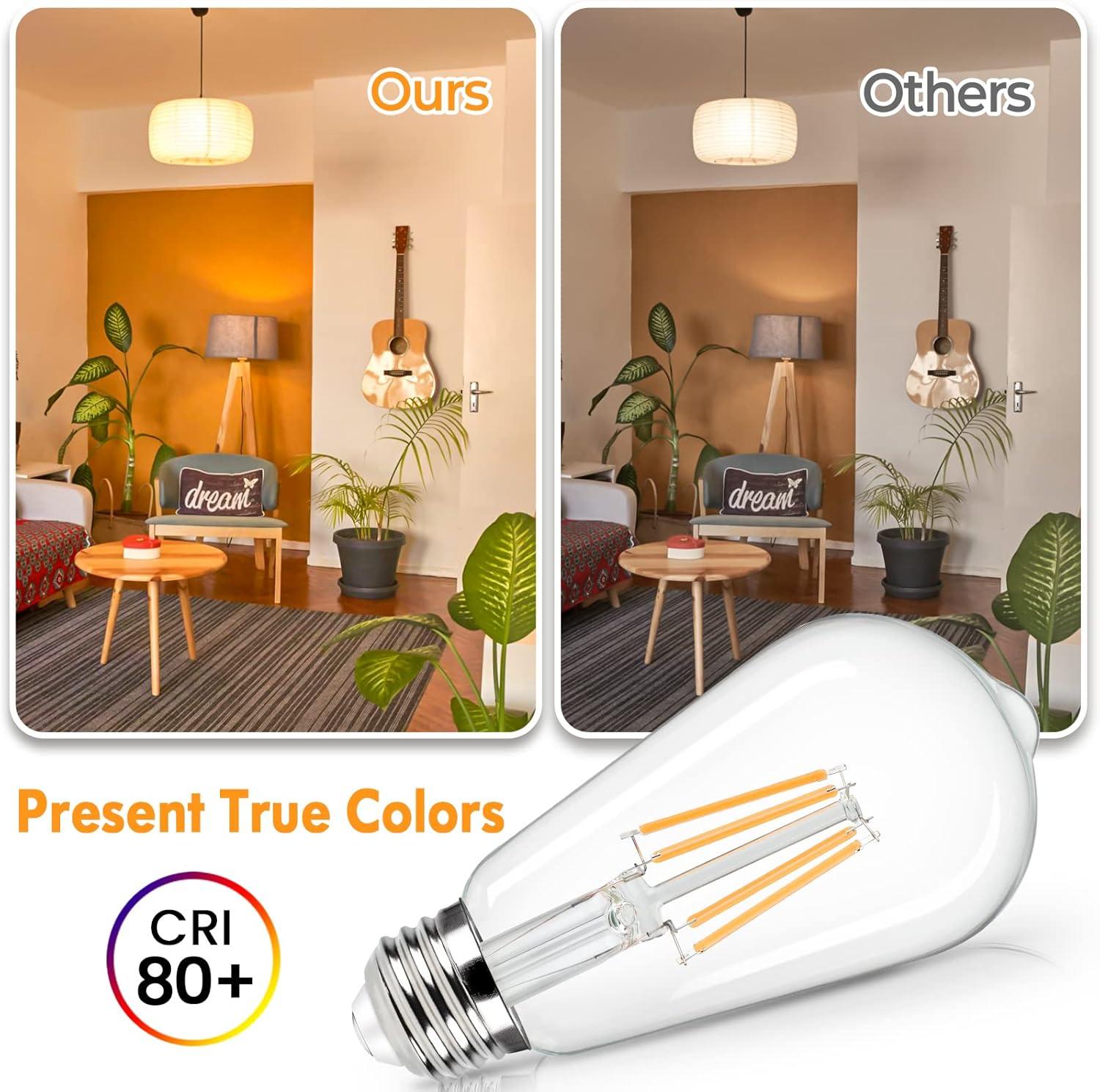 KY Vintage LED Edison Bulbs 6W, Equivalent 60W Incandescent, Warm White 2700K, ST58 Antique LED Filament Bulbs with 90+ CRI, E26 Medium Base,Dimmable, Clear Glass, Pack of 6
