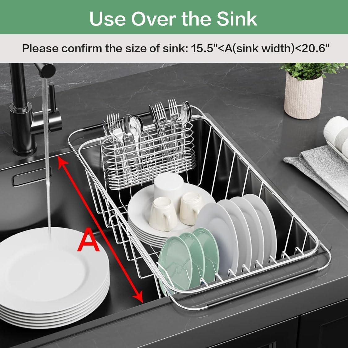 Small Dish Drainer Rack in Sink Adjustable, Expandable Stainless Steel Metal Dish Drying Rack Organizer with Stainless Steel Utensil Holder Over Inside Sink Counter, Rustproof(for 1-2 People)