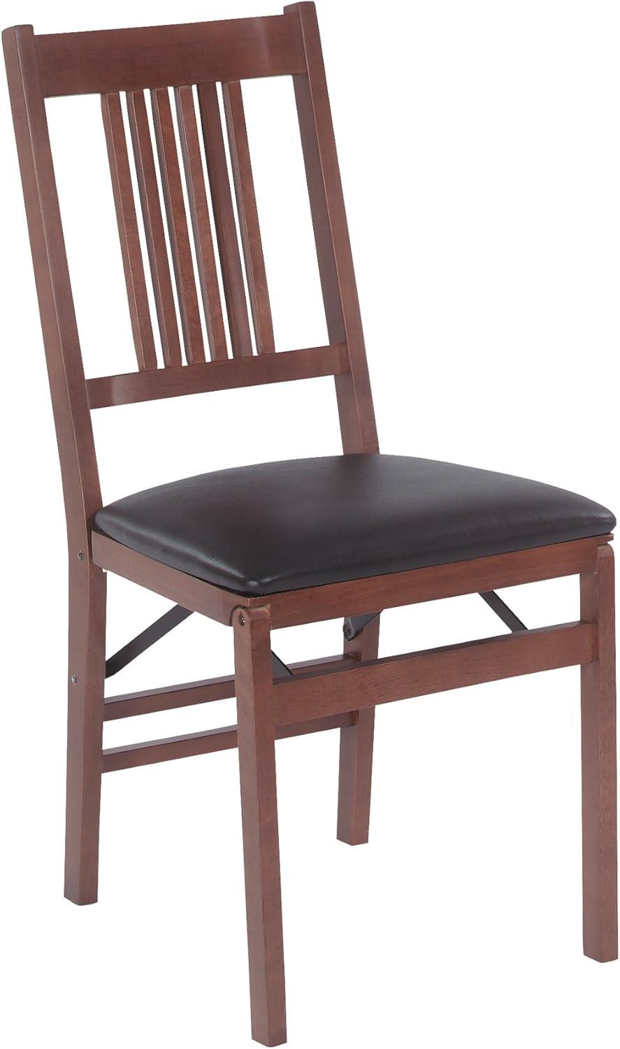 Fruitwood Folding Side Chair with Black Vinyl Upholstered Seat, Set of 2