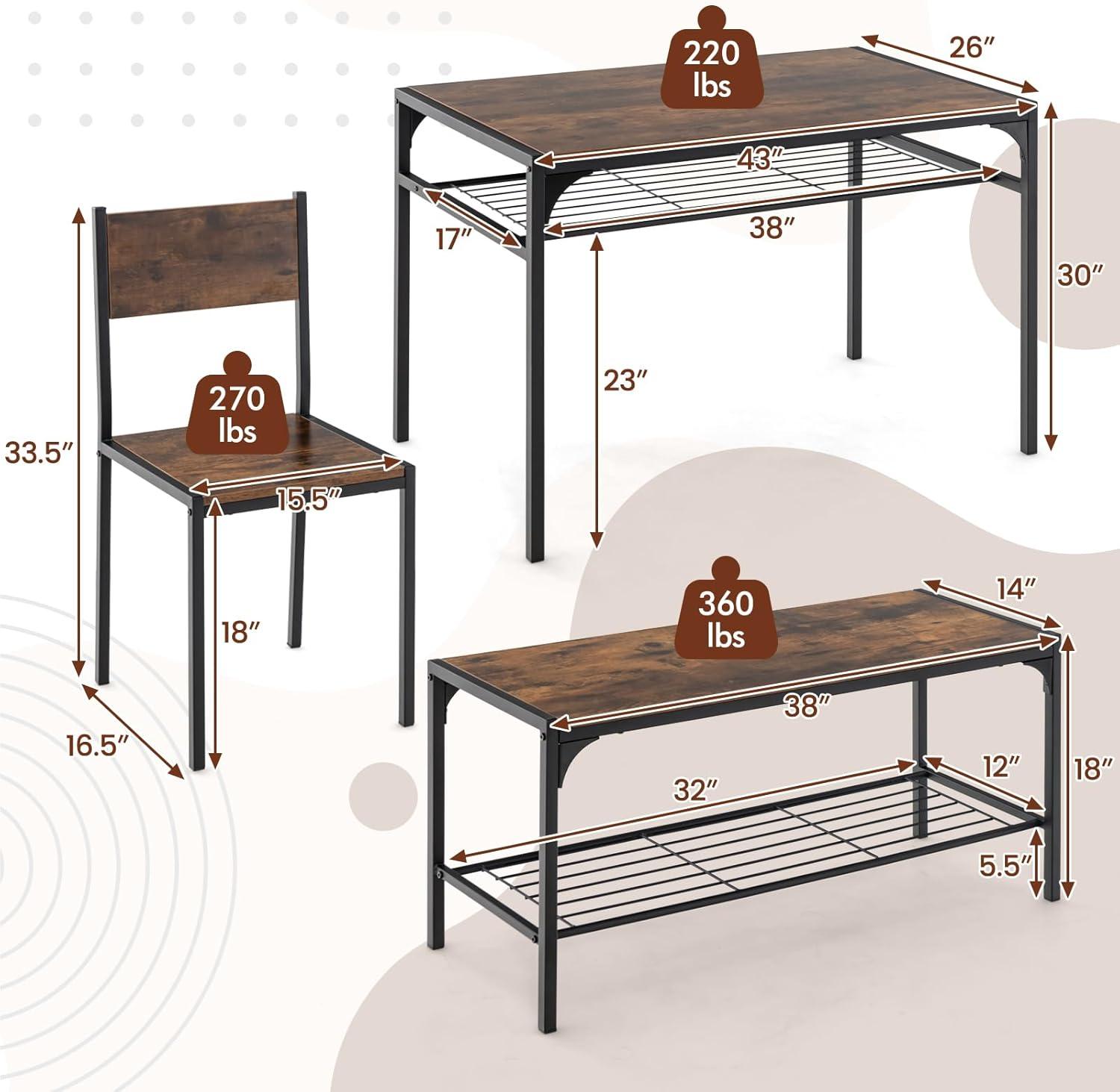 Costway Dining Table Set for 4 Rectangular Table with 2 Chairs, 1 Bench, Storage Racks Rustic Brown/Grey