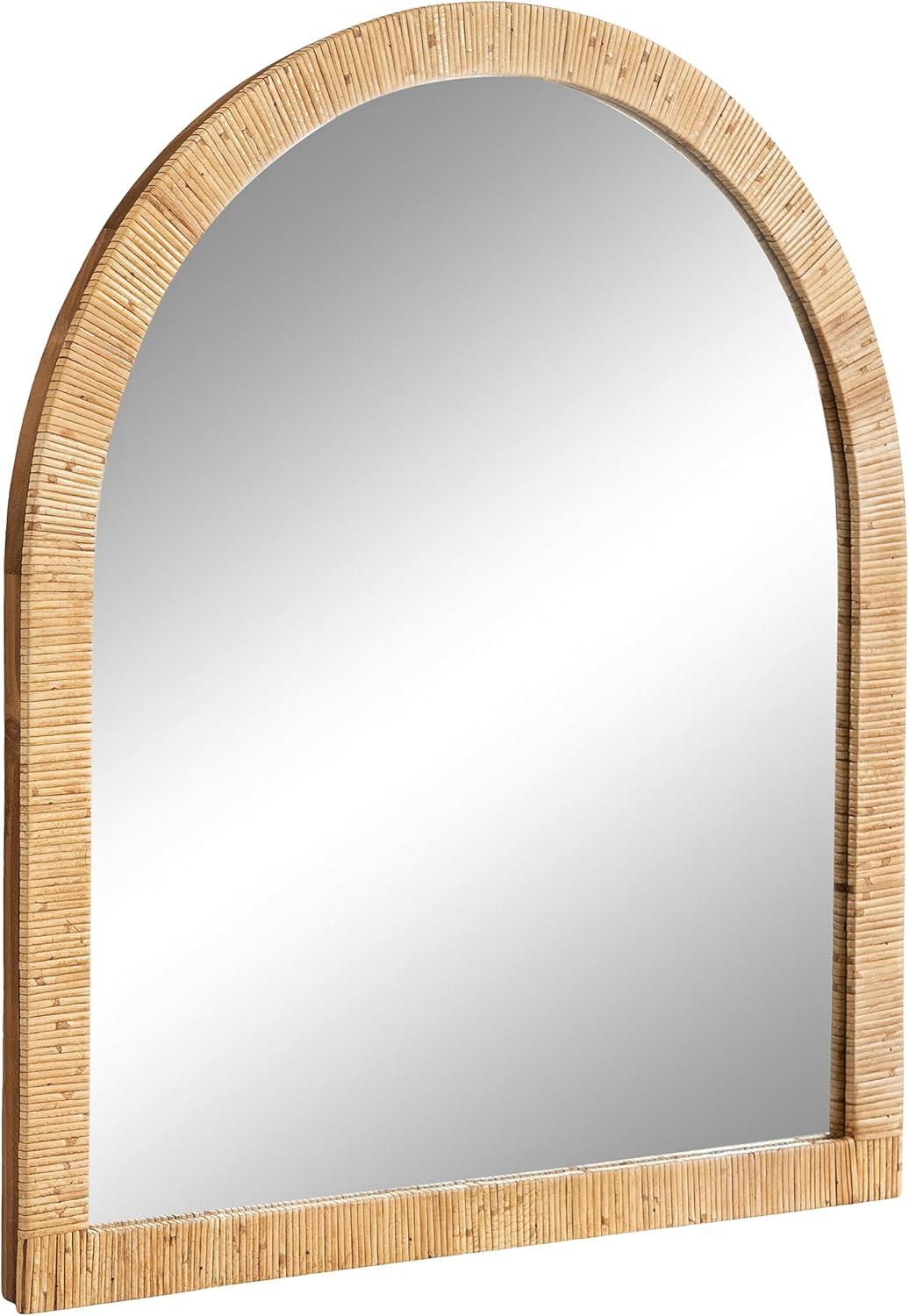 Kate and Laurel Rahfy Boho Arch Rattan Wall Mirror, 28 x 32, Natural Wood, Decorative Wooden Mirror with Authentic Rattan Frame for Bathroom Vanity Mirror