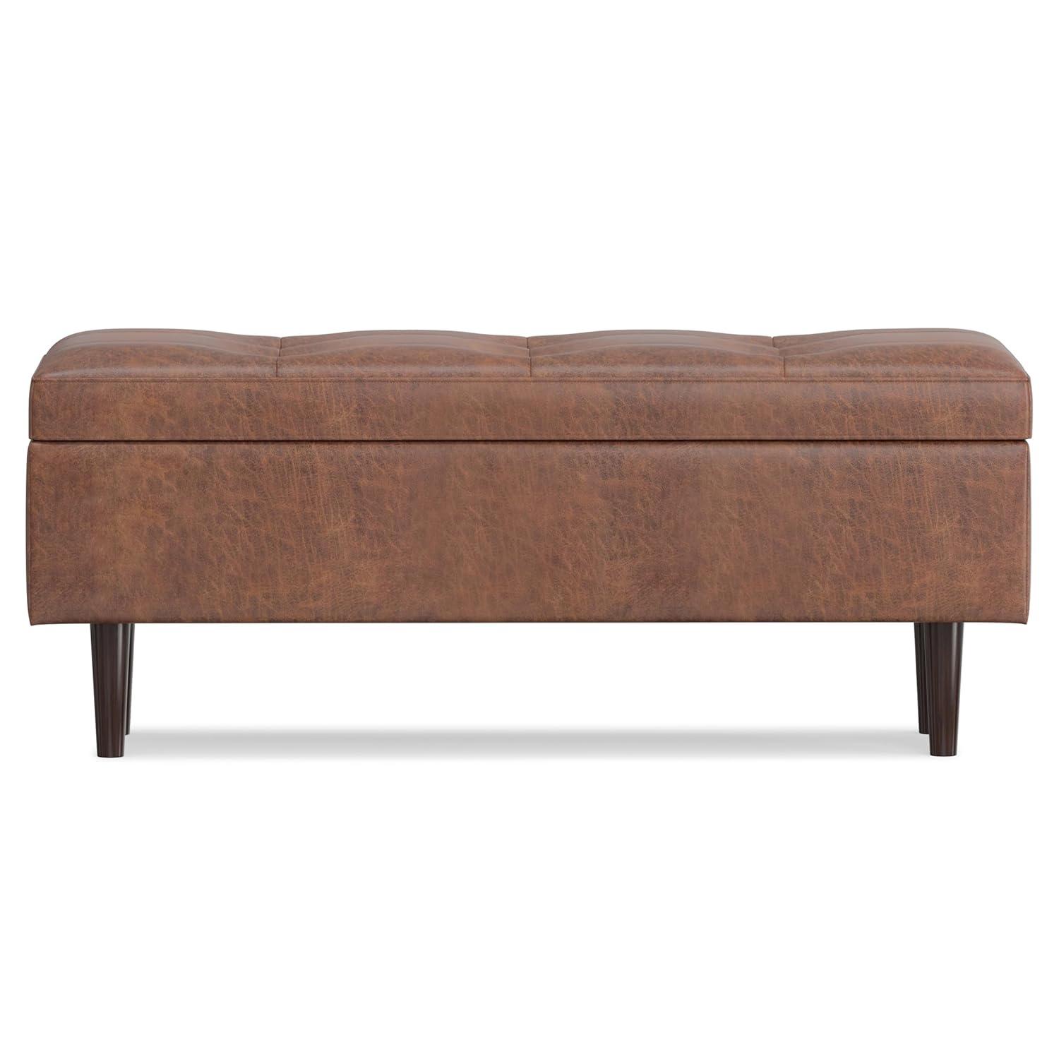 Simpli Home Shay 48 inch W. Modern Storage Ottoman in Distressed Saddle Brown Faux Leather