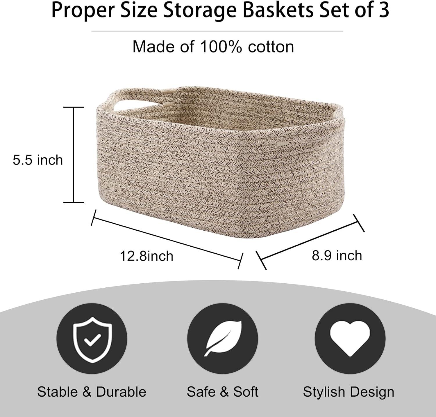 Brown Rectangular Cotton Rope Storage Baskets with Handles, Set of 3