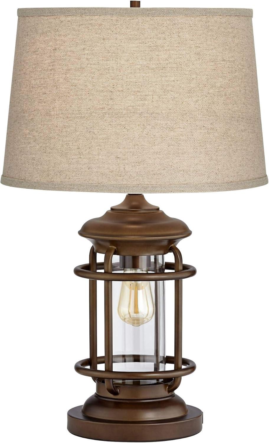 Franklin Iron Works Andreas Industrial Table Lamp 26" High Brown Metal with Nightlight LED and USB Charging Port Oatmeal Shade for Living Room Desk