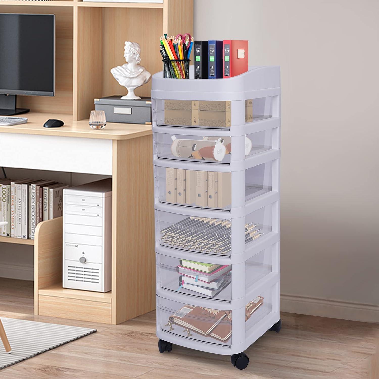 White 6-Tier Plastic Rolling Storage Cart with Clear Drawers