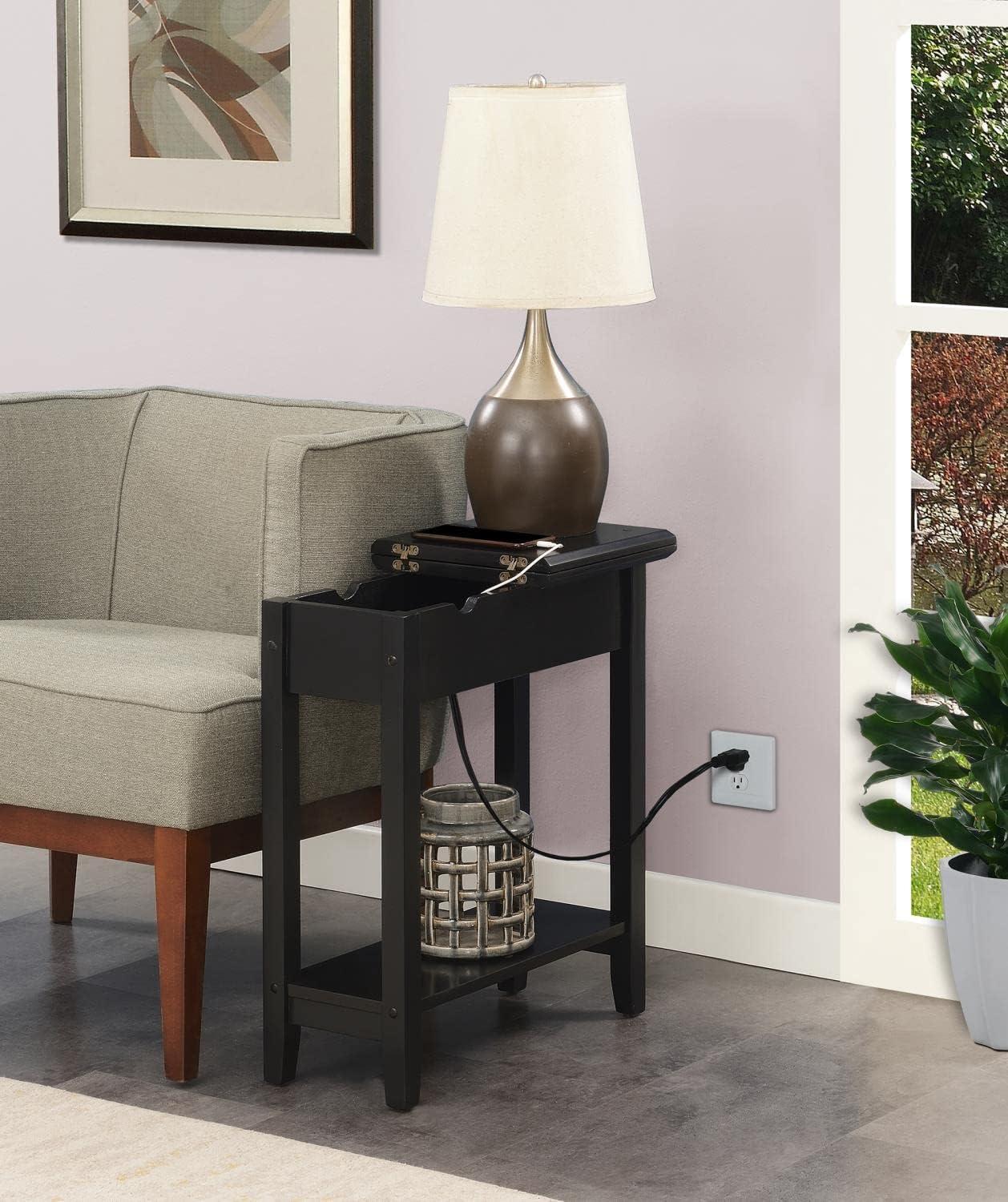 American Heritage Flip Top End Table with Charging Station and Shelf Black