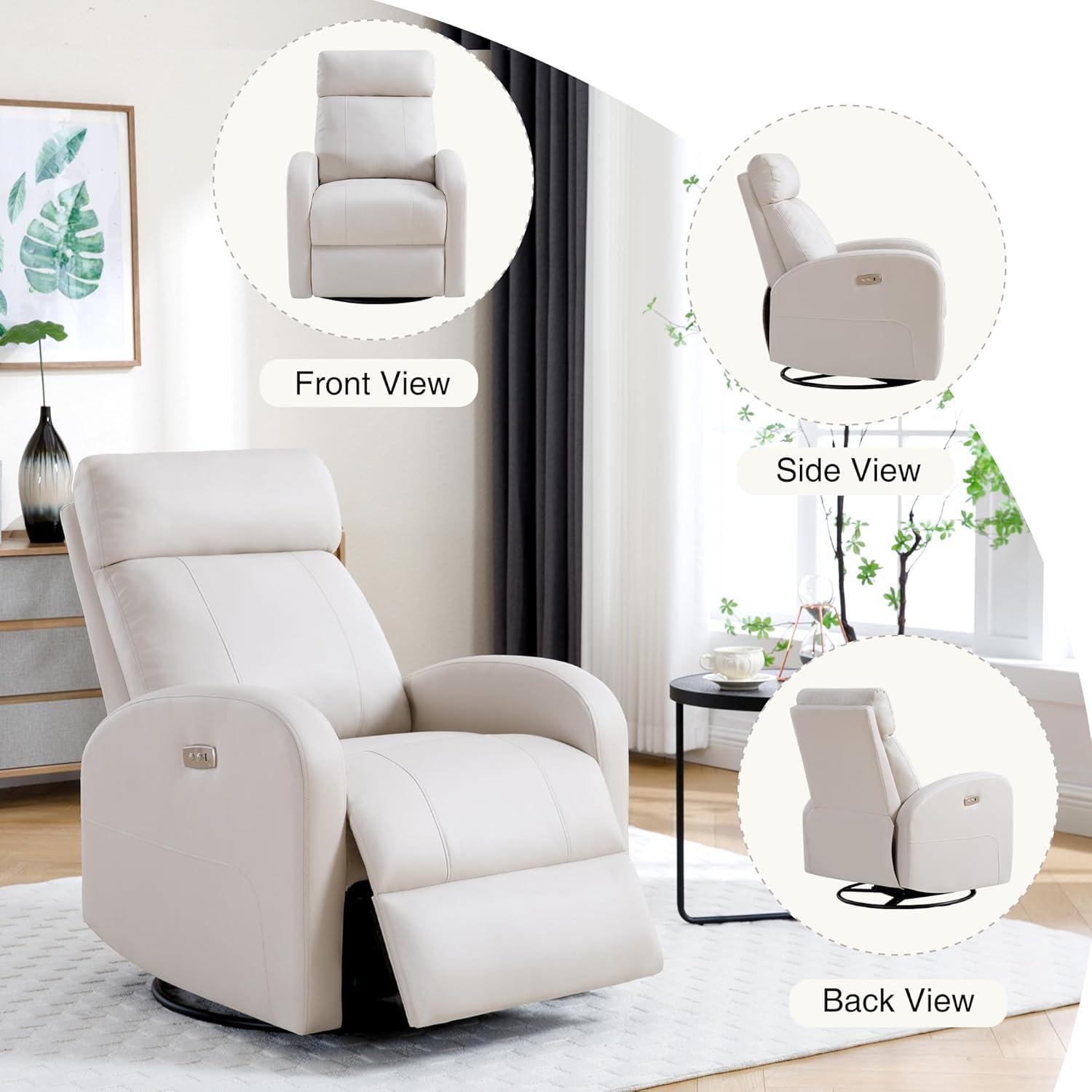 Beige Faux Leather Swivel Recliner with Adjustable Headrest