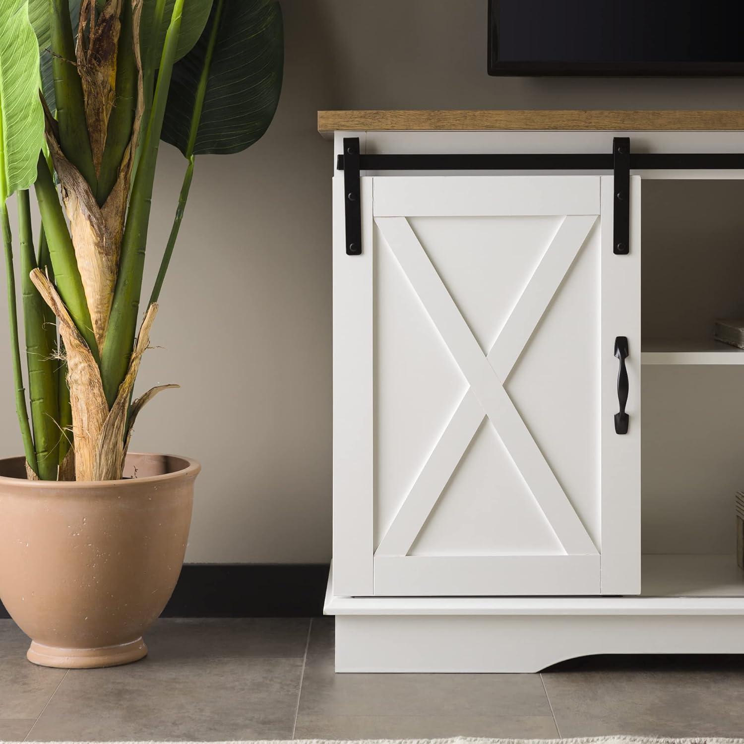 Walker Edison Farmhouse Sliding Barn Door TV Stand for TVs up to 65", White/Reclaimed Barnwood