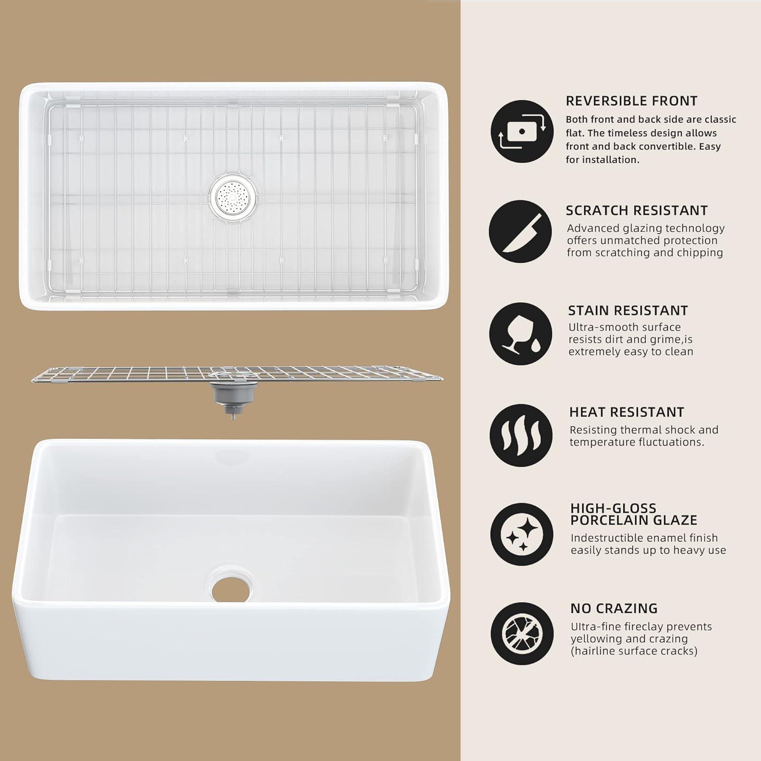 Farmhouse Sink 36 inch X 18 inch White Fireclay Apron Undermount Kitchen Farm Sink Single Bowl Large Big Modern Farmer Sinks with Luxury Accessories