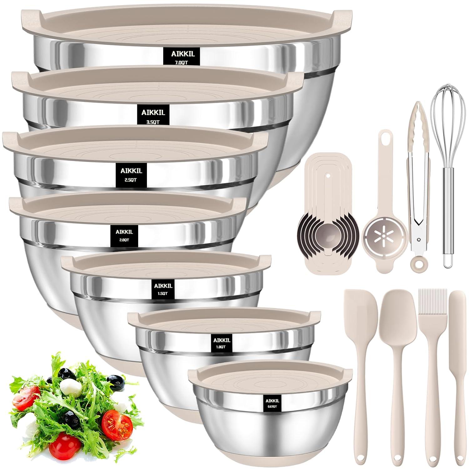 Mixing Bowls with Airtight Lids, 20 piece Stainless Steel Metal Nesting Bowls, Non-Slip Silicone Bottom, Size 7, 3.5, 2.5, 2.0,1.5, 1,0.67QT Great for Mixing, Baking, Serving (Khaki)