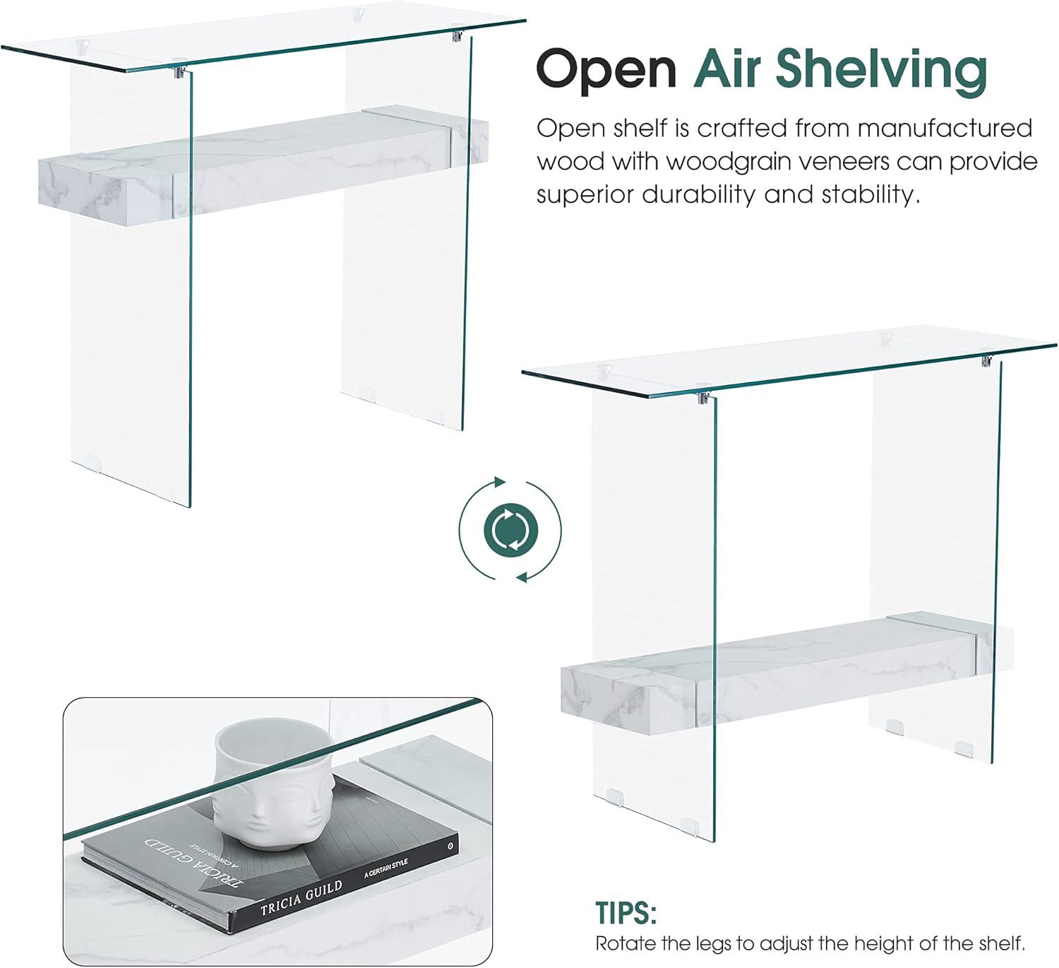 Ivinta Narrow Glass Console Table with Storage Modern Sofa Table Entryway Table Glass Writing Desk Small Computer Desk TV Table Buffet Table Modern Accent Table for Small Space Living Room Hallway