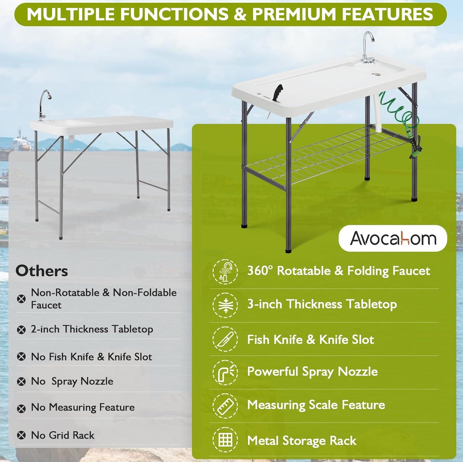 Folding Fish Cleaning Table Portable Camping Sink Table with Faucet Drainage Hose & Sprayer Outdoor Fish Fillet Cleaning Station with Grid Rack & Knife Groove for Picnic Fishing, Grey