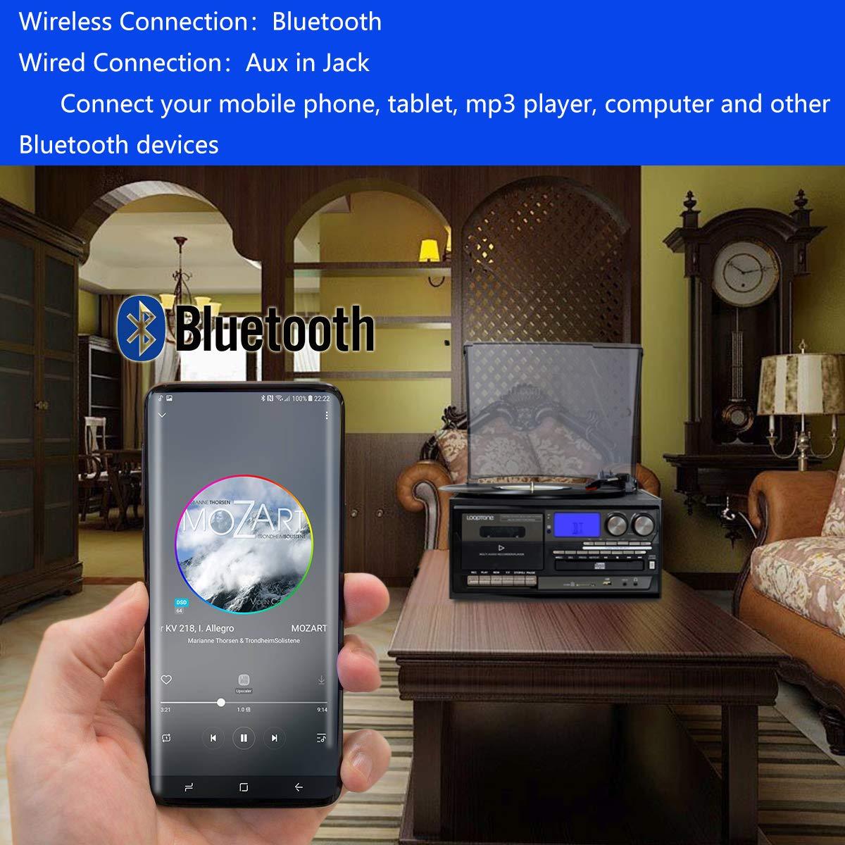 Record Player 9 in 1 3 Speed Bluetooth Vintage Turntable CD Cassette Vinyl Player AM/FM Radio USB/SD Encoding Aux-in RCA Line-Out (Silver)