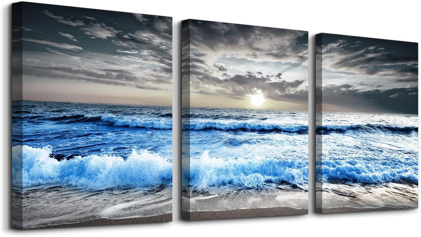 SERIMINO Beach Canvas Wall Art for Living Room, Blue Coastal Wall Decor for Bedroom, Seaside Pictures for Bathroom Wall Decoration, Ocean Painting Set for Office, Home Decor for Wall