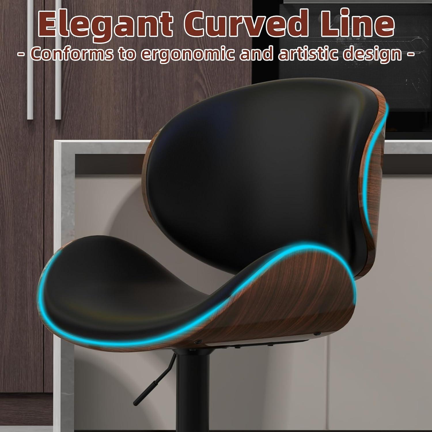 civama Bar Stools Set of 2 for Kitchen Counter, Adjustable Bar Height Chairs, Modern Swivel Barstools with Bentwood Seat and Back with Footrest, for Kitchen Island, Dining Room, Black PU Leather