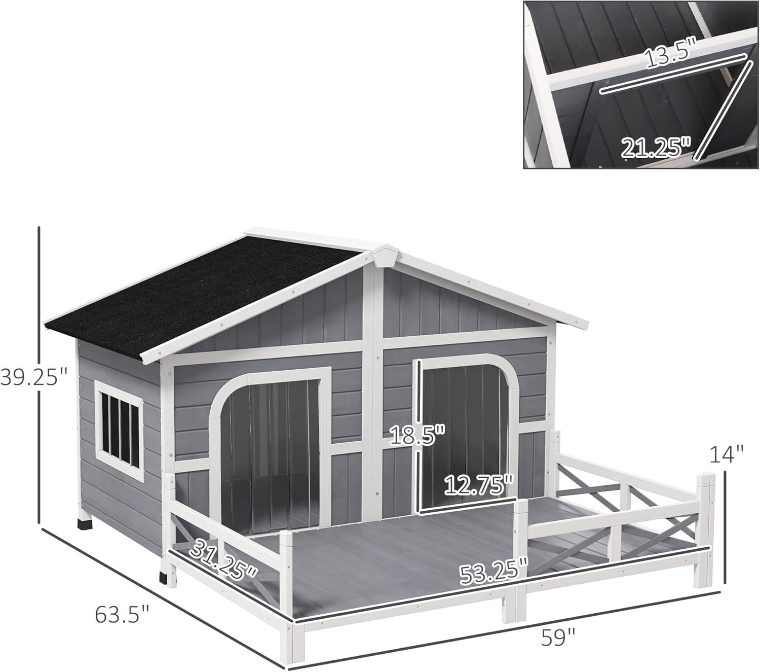 PawHut 59"x64"x39" Wood Large Dog House Cabin Style Elevated Pet Shelter w/Porch Deck