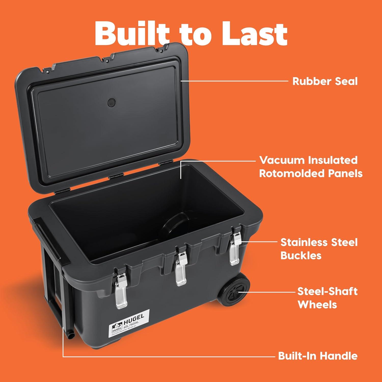 IRIS USA HUGEL 64 QT Cooler Box Insulated, Hard Cooler, Vacuum-Insulated Panels Durable Portable Ice Chest with Built-in Handle and Wheels, Black