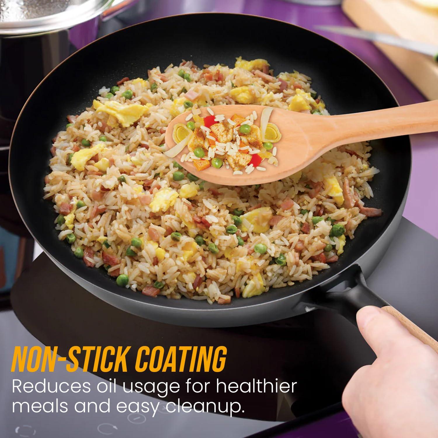 MasterPan Inc. Masterpan Carbon Steel Wok With Glass Lid Wooden Utensils Non-Stick Flat Bottom Asian Stir-Fry