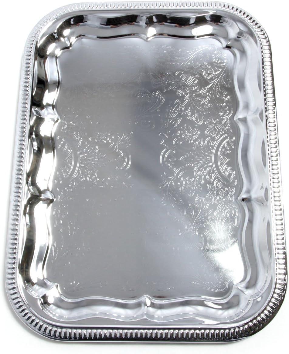 (Pack of 4 16.1-Inch x 12.2-Inch Oblong Rectangular Trim Victoria Floral Engraved Catering Chrome Plated Serving Plate Mirror Food Candle Deco Art Tray Platter Party(Medium) T227-4pk