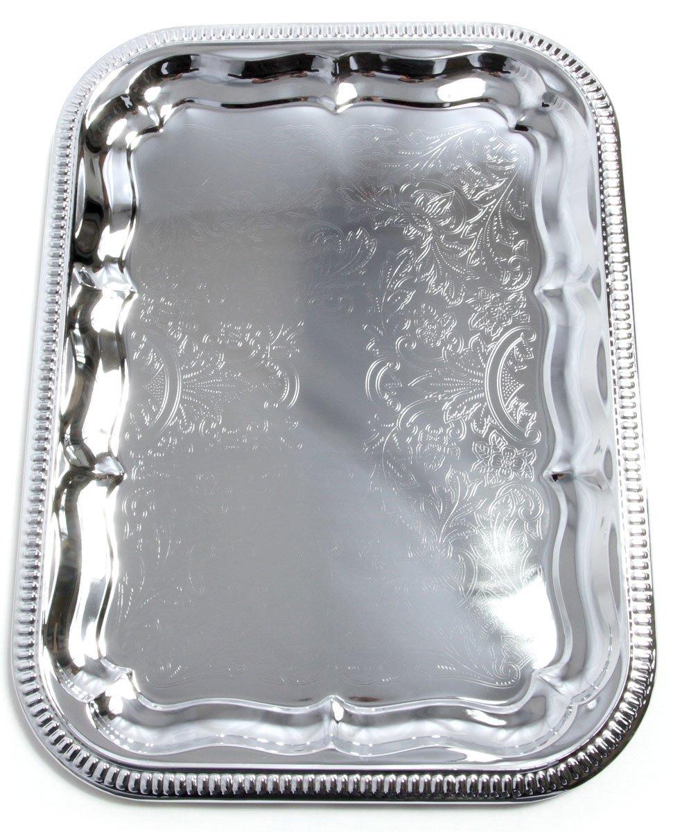 (Pack of 4 16.1-Inch x 12.2-Inch Oblong Rectangular Trim Victoria Floral Engraved Catering Chrome Plated Serving Plate Mirror Food Candle Deco Art Tray Platter Party(Medium) T227-4pk
