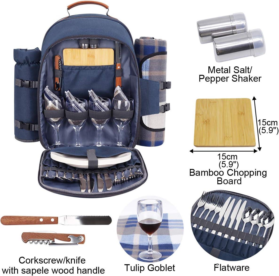 Navy Blue Cationic Fabric Picnic Backpack with Blanket and Insulated Cooler