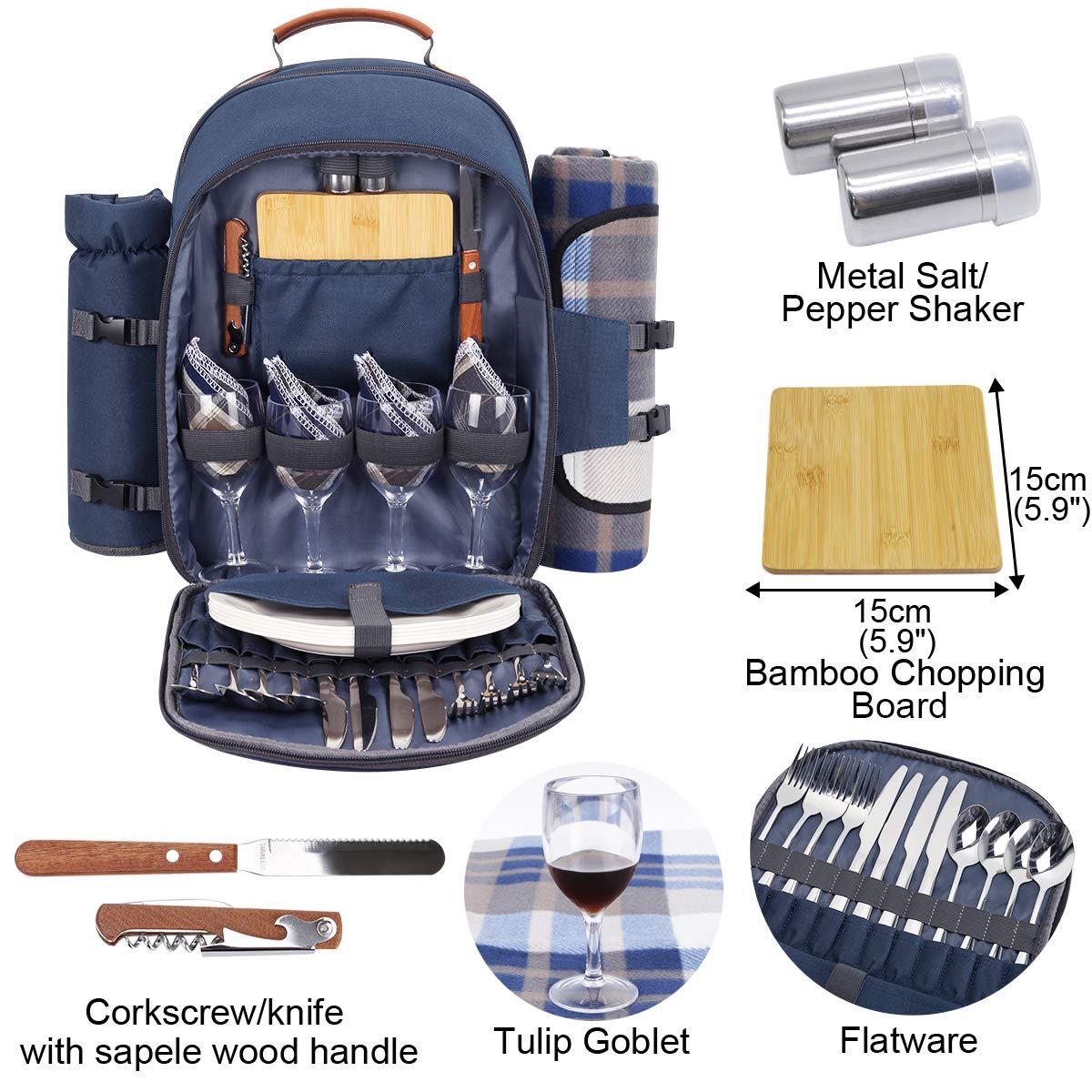 Navy Blue Cationic Fabric Picnic Backpack with Blanket and Insulated Cooler