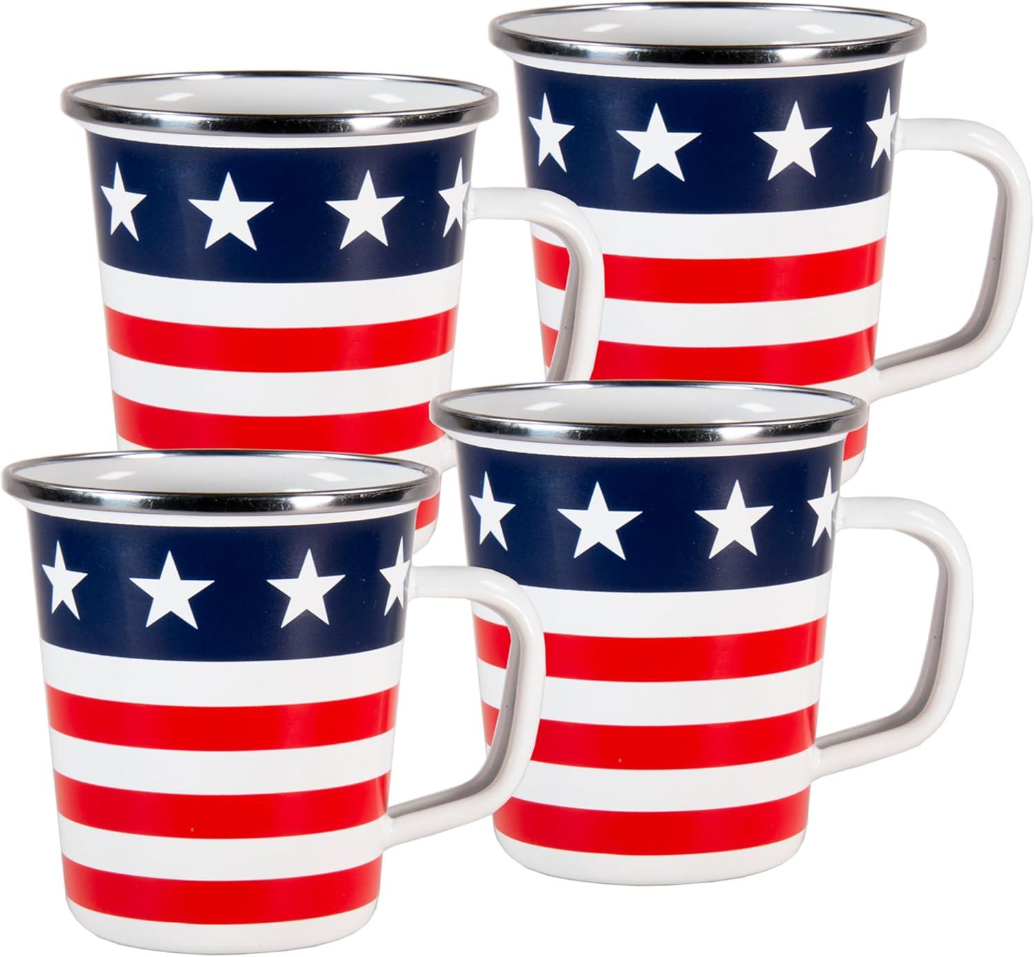 Patriotic Stars & Stripes 16oz Enamel Latte Mugs Set of 4