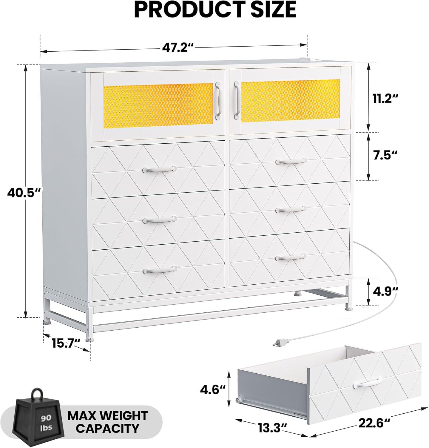 Dresser for Bedroom with LED Lights and Charging Station, Wooden 6 Drawer Double Dresser with 2 Doors, Modern Chest of Drawers for Bedroom, Entryway, Hallway, White