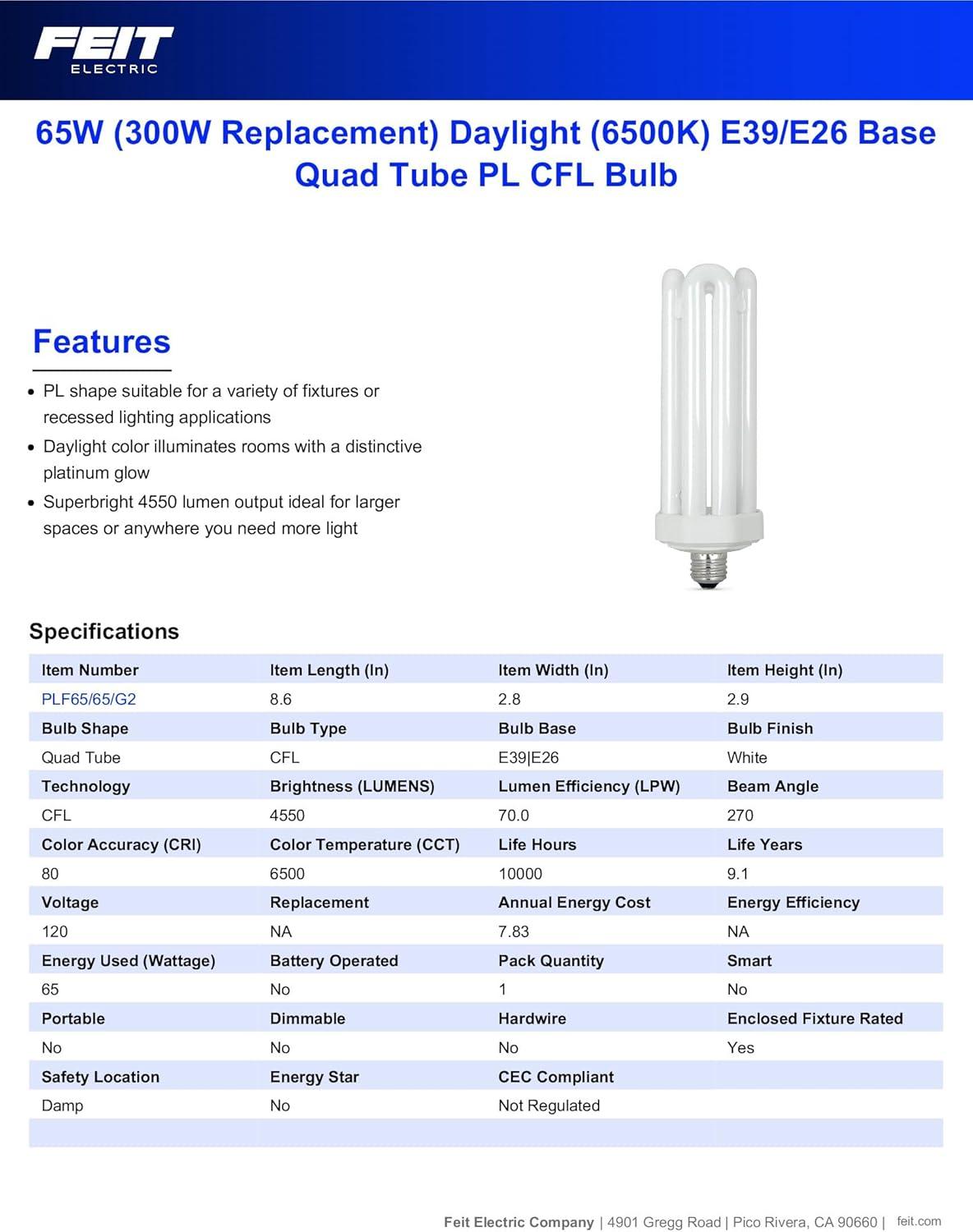 1 PC,Feit Electric PLF65/65 Replacement Mogul Base PL CFL Bulb, Daylight, 60W