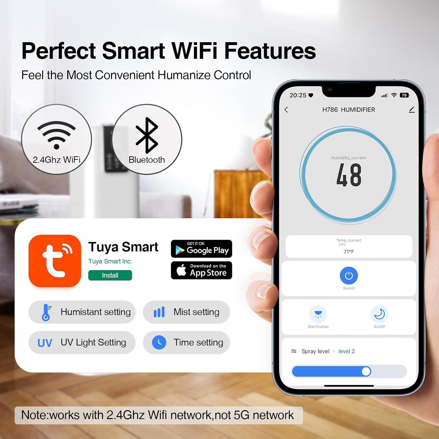 Smart Humidifiers Large Room Bedroom Home,2.11Gal(8L) Quiet Top Fill Cool Mist Humidifier,Smart App & Remote Control, 3 Speed Humidifier with 360°Nozzle,Humidity Setting for Baby Office Plant(White)