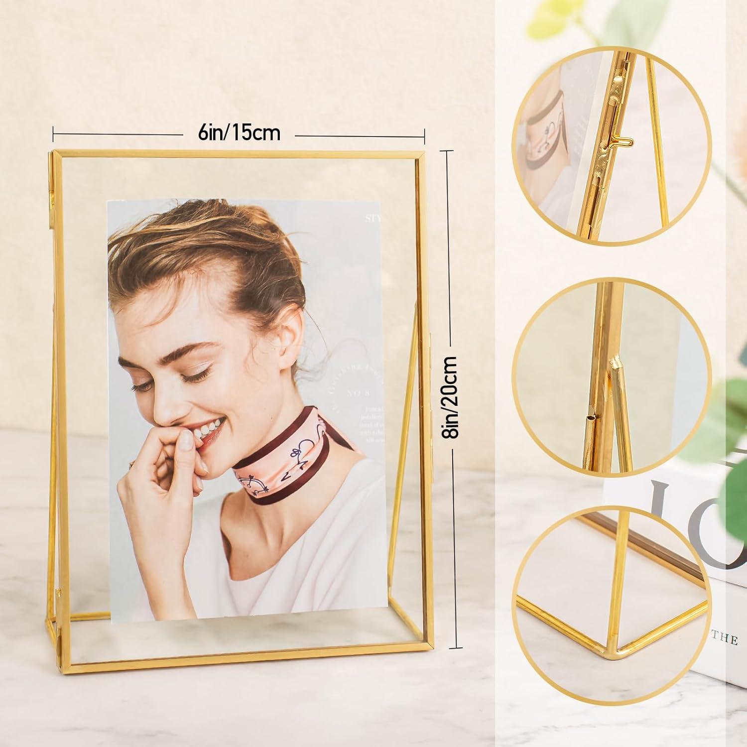 Gold Floating Picture Frame Set of 2, Glass Picture Pressed Flower Frames, Gold Floating Frame for 5x7 Photo Vertical Standing Tabletop Display