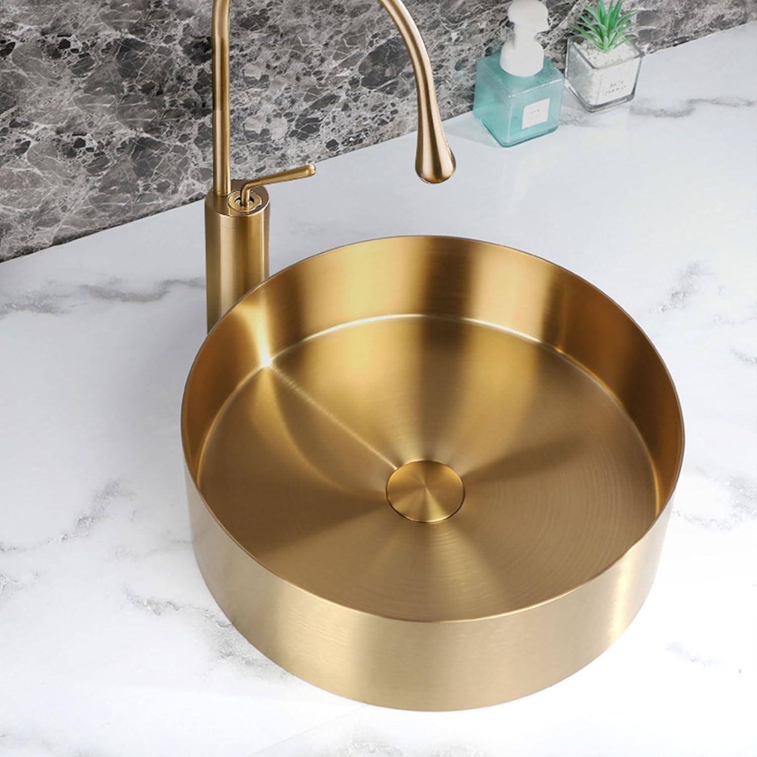 18" Gold Stainless Steel Round Bathroom Vessel Sink