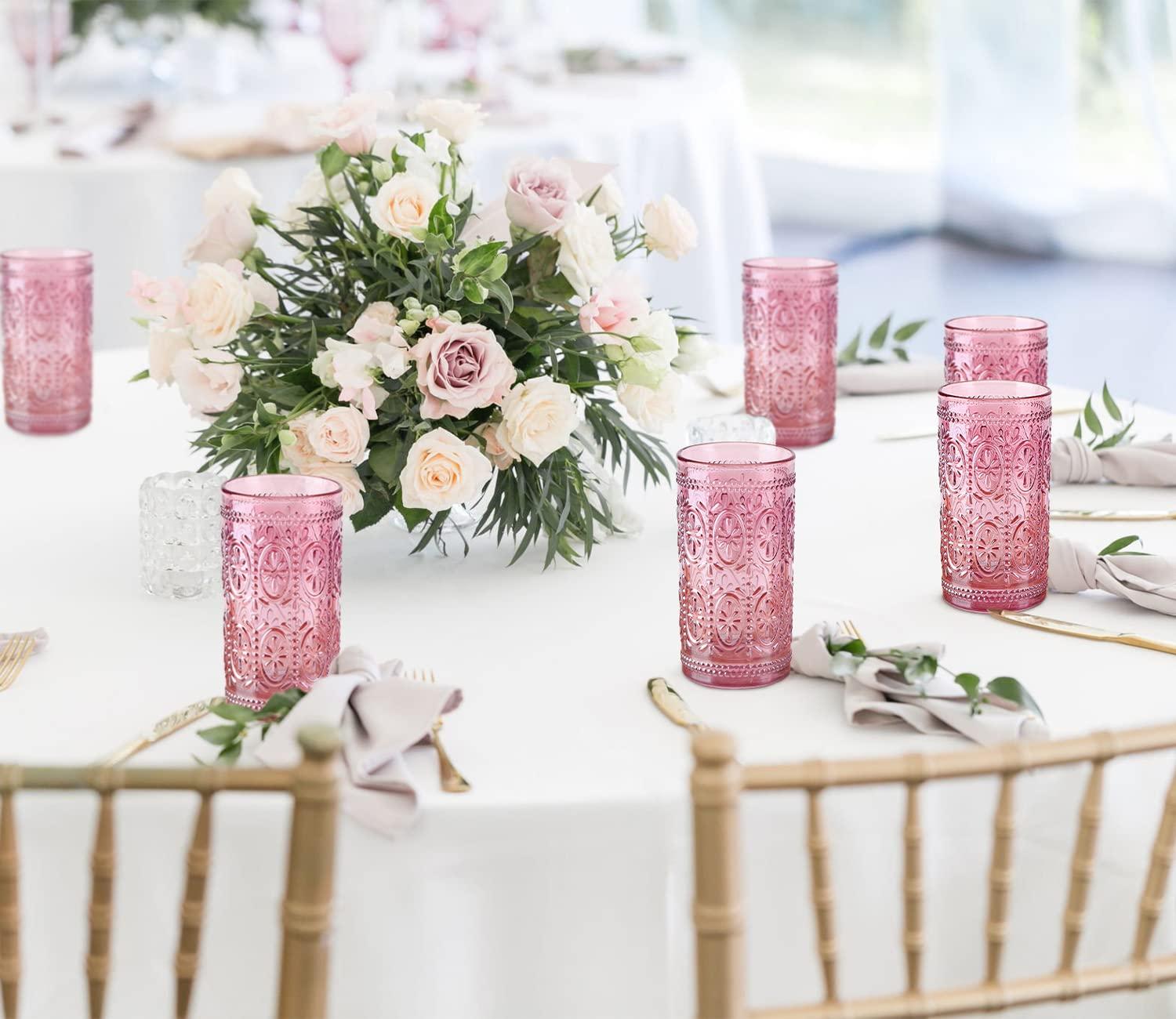 Drinking Highball Beverage Glass Cup, Vintage Drinking Glasses, Colored Glassware Set for Party Wedding Home Office Gift, Set of 4 ,Pink