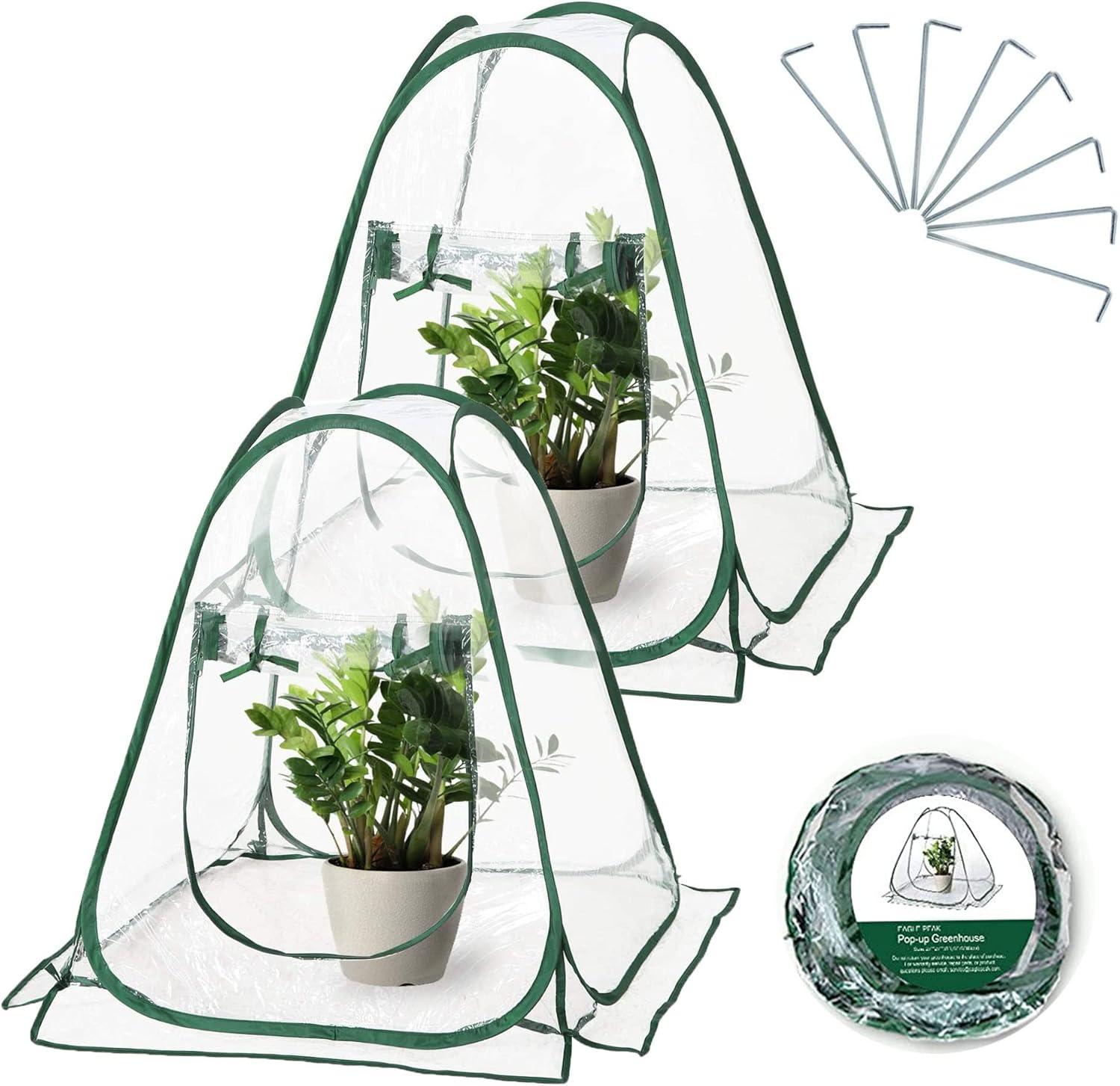 Easy Set-up Mini Greenhouse Pack of 2 Mini Pop up Flower House Backard Garden Plant Cover for Cold Forst Protection PVC Sunshine Room with Stakes and Carrybag (27" L x 27" W x 31" H)