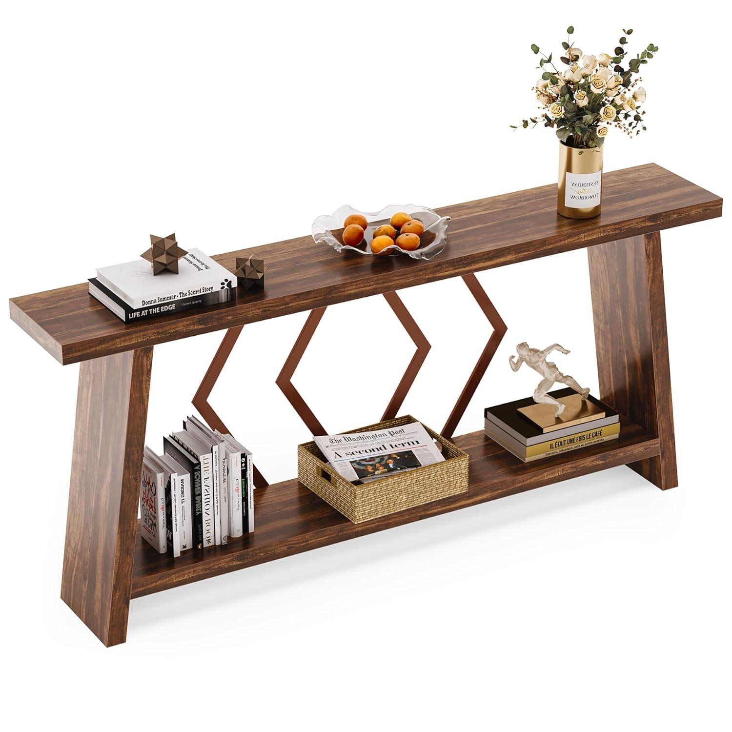 Rustic Brown Wood and Metal Console Table with Storage Shelf