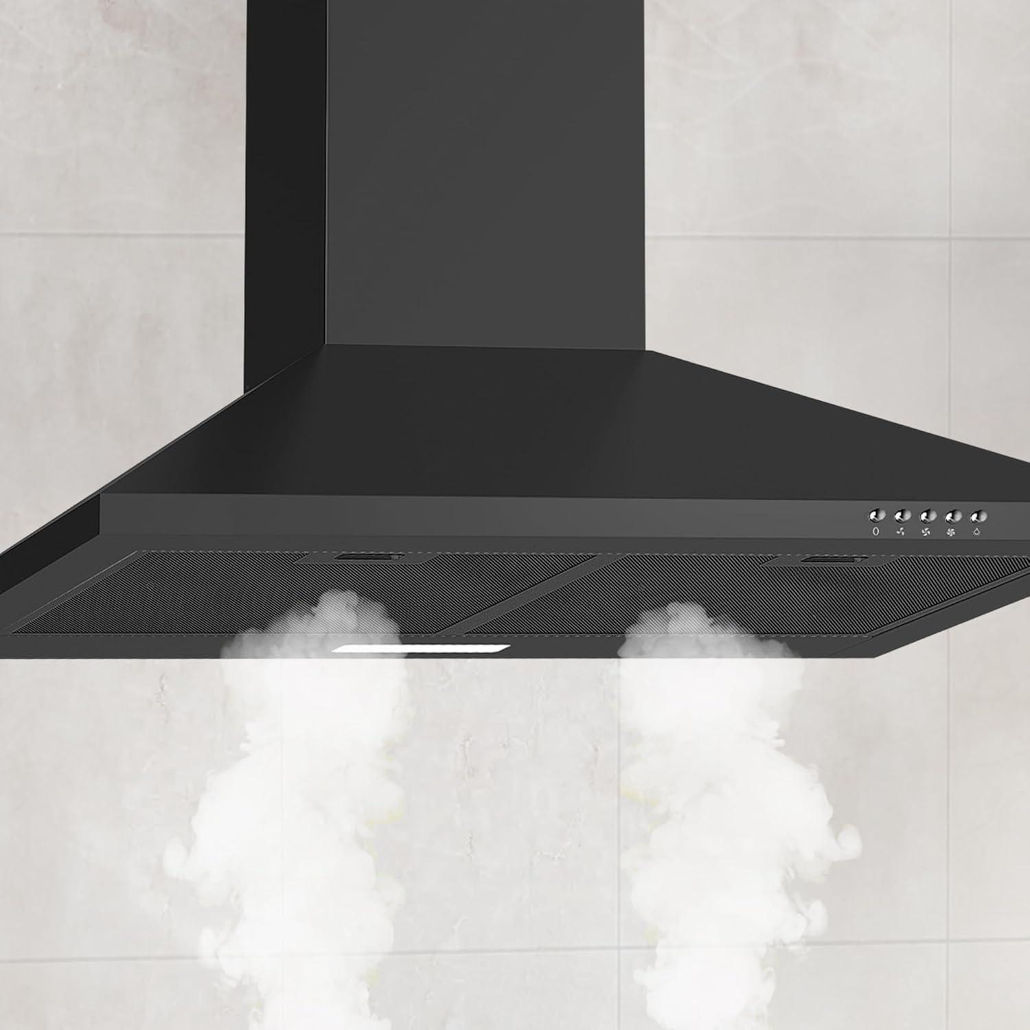 30 Inch Black Range Hood with Charcoal Filters, 450 CFM Stainless Steel Wall Mount Kitchen Hood, Button Control Over Stove Vent Hood with 3 Speed Noiseless Fan, LED Light (450CFM)