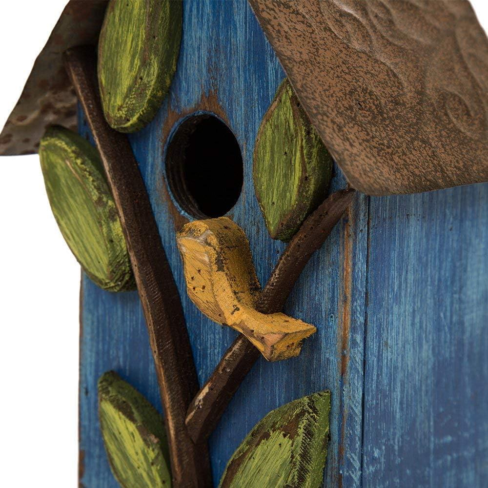 Distressed Blue Wooden Birdhouse with Leaf Accents