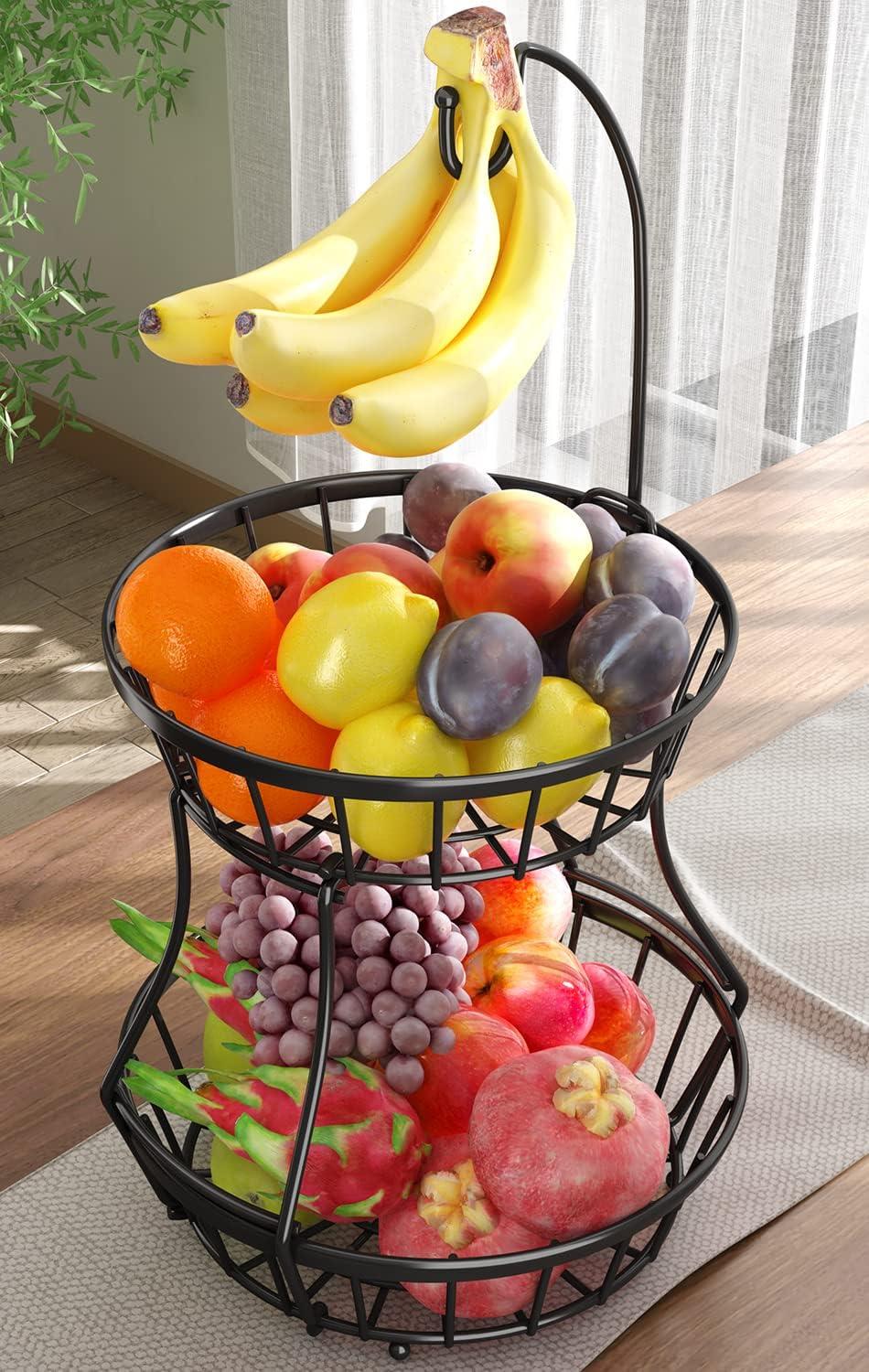 Black Metal 2-Tier Fruit Basket with Banana Hanger