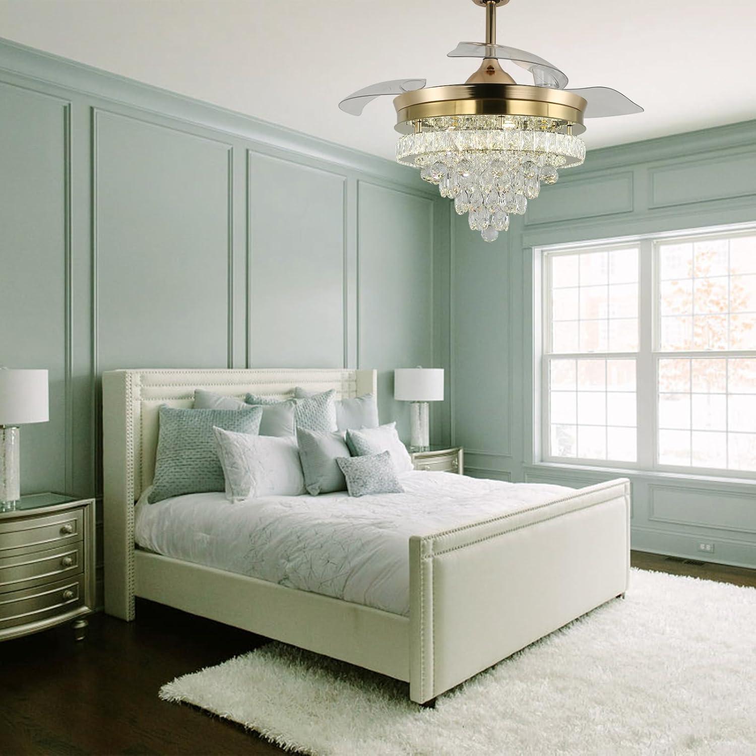 42 in. Indoor Gold Smart Retractable Crystal Ceiling Fan with Adjustable LED Light Included with Remote