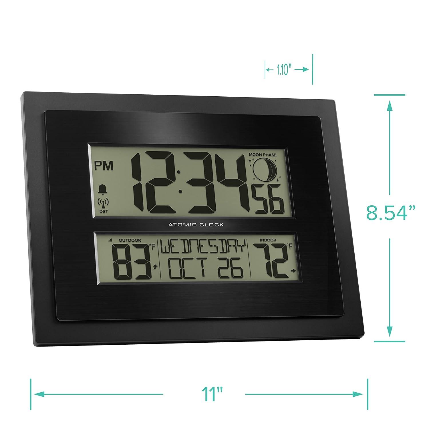 Black Digital Atomic Wall Clock with Outdoor Temperature Display