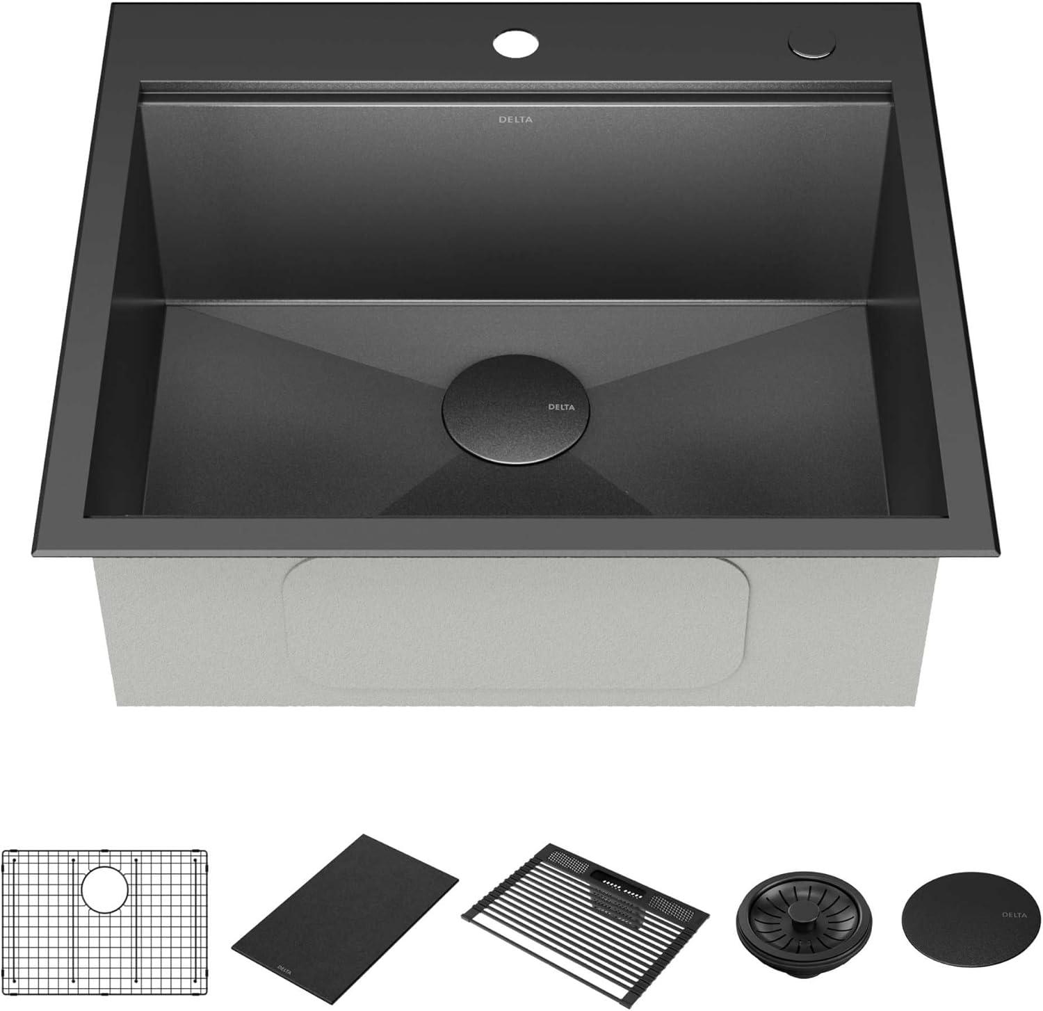 Delta Rivet™ Black Stainless Steel Drop-In Top Mount 16 Gauge Workstation Kitchen Sink Single Bowl