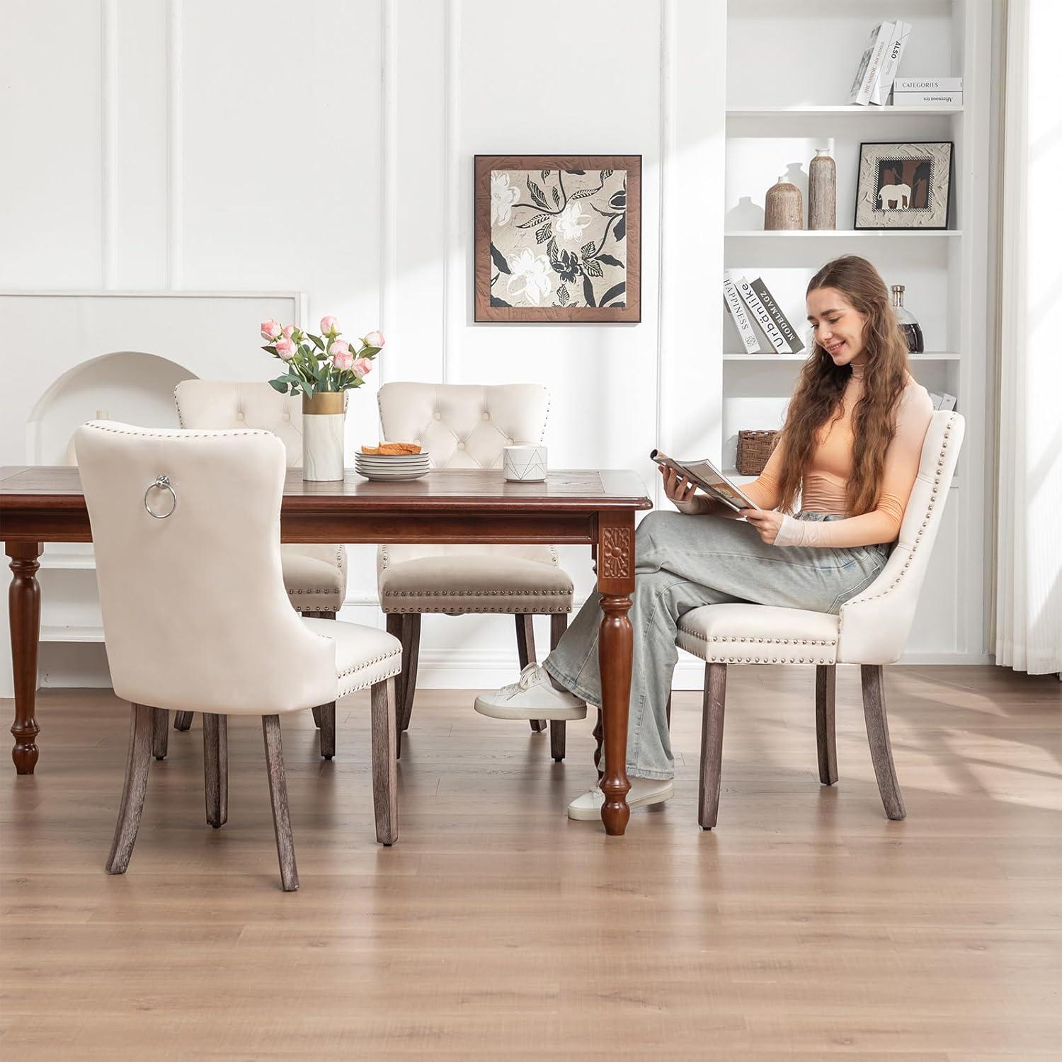 SoarFlash Velvet Dining Chairs Set of 4, Tall Back Side Chair, Modern Upholstered High-end Tufted Side Chair with Button Back Ring, Solid Wood Legs (Beige)