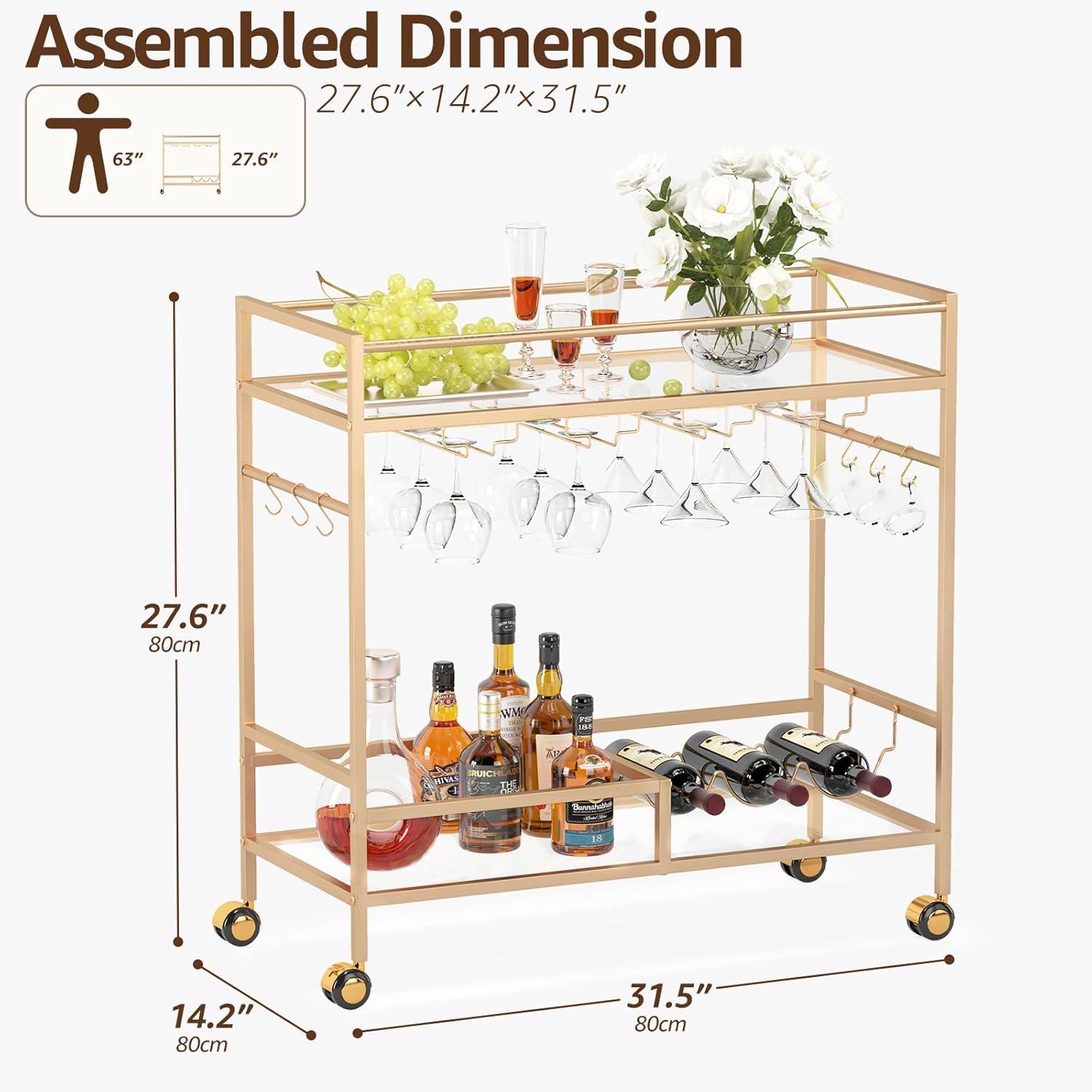 Gold Mirrored Glass Bar Cart with Wine Rack and Storage