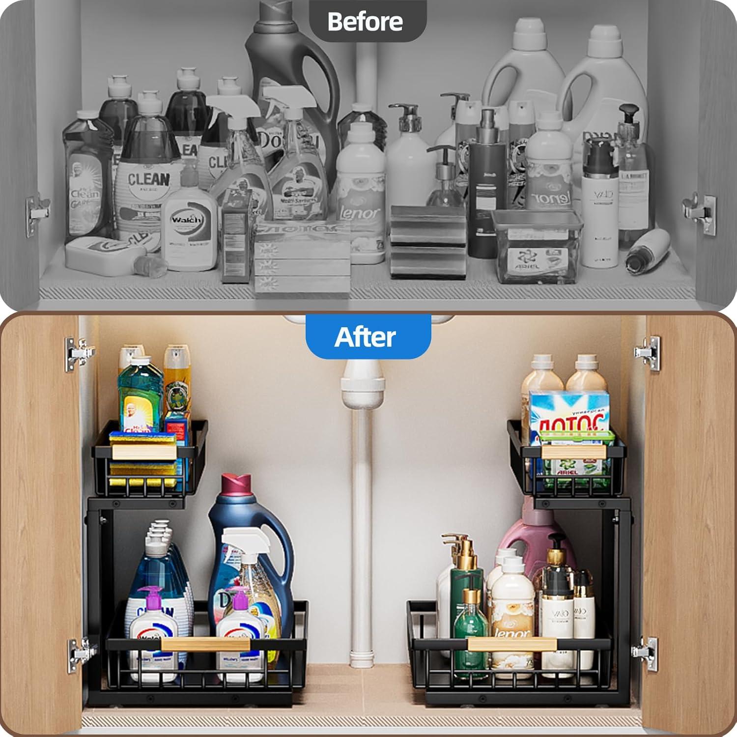 Rebrilliant Under Sink Organizer, 2 Tier Under Sink Organizers And Storage, Metal Slide Out Pull Out Cabinet Organizer ,2 Pack Sliding Drawer Organizer For Kitchen Bathroom Pantry