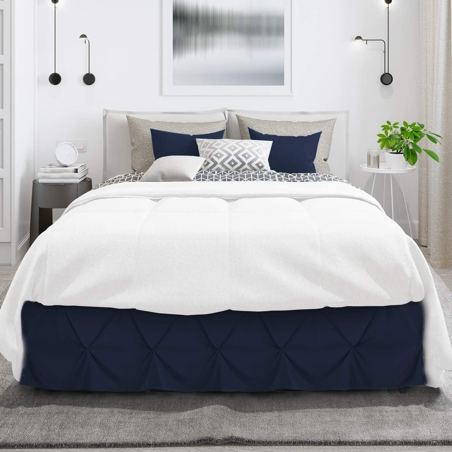 Navy Blue Pinch Pleat Queen Polyester Bed Skirt with 14" Drop